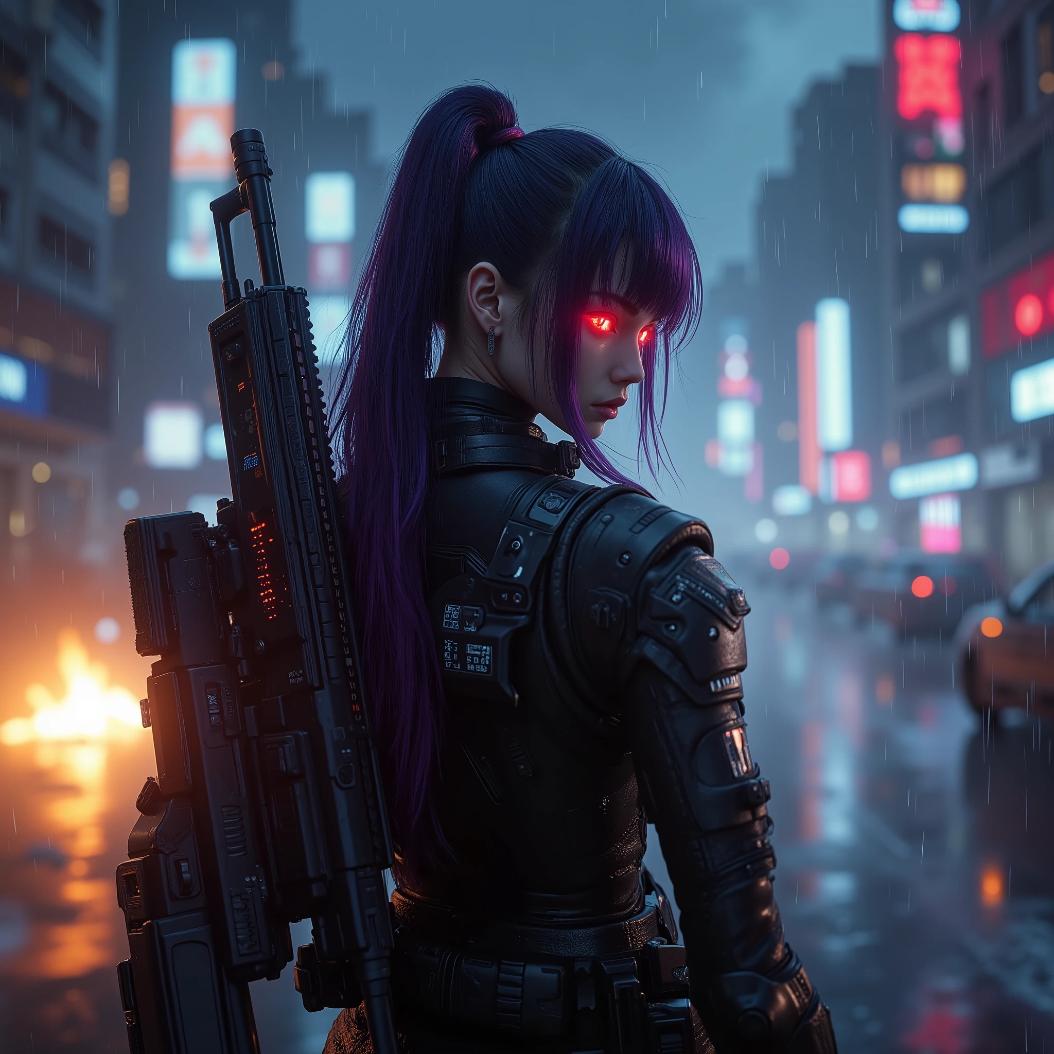 female android assassin,  Midnight ,Cyberpunk City with Violent Explosions and White Smoke,intense shootout with lots of bullets flying around, Look into the scope and hold up the rifle,(Highest Quality,4K,8k,high resolution,masterpiece:1.2),super detailed,(Realistic,photoRealistic,photo-Realistic:1.37),dramatic lighting, gloomy atmosphere, Dramatic Poses, machine gun in both hands、He has an assault rifle on his back, extremely tight matte black cyberpunk suit, grenade and radio equipment on the waist belt,Gloved hands, Dark City, Cyberpunk Cityscapes, Moonlit Sky, rain, Dramatic Shadow,beautiful style,Thin Waist,I have long dark purple hair tied together at the back,special mission specialist,sense of urgency,Beautiful red glowing eyes,Professional,Motoko Kusanagi,