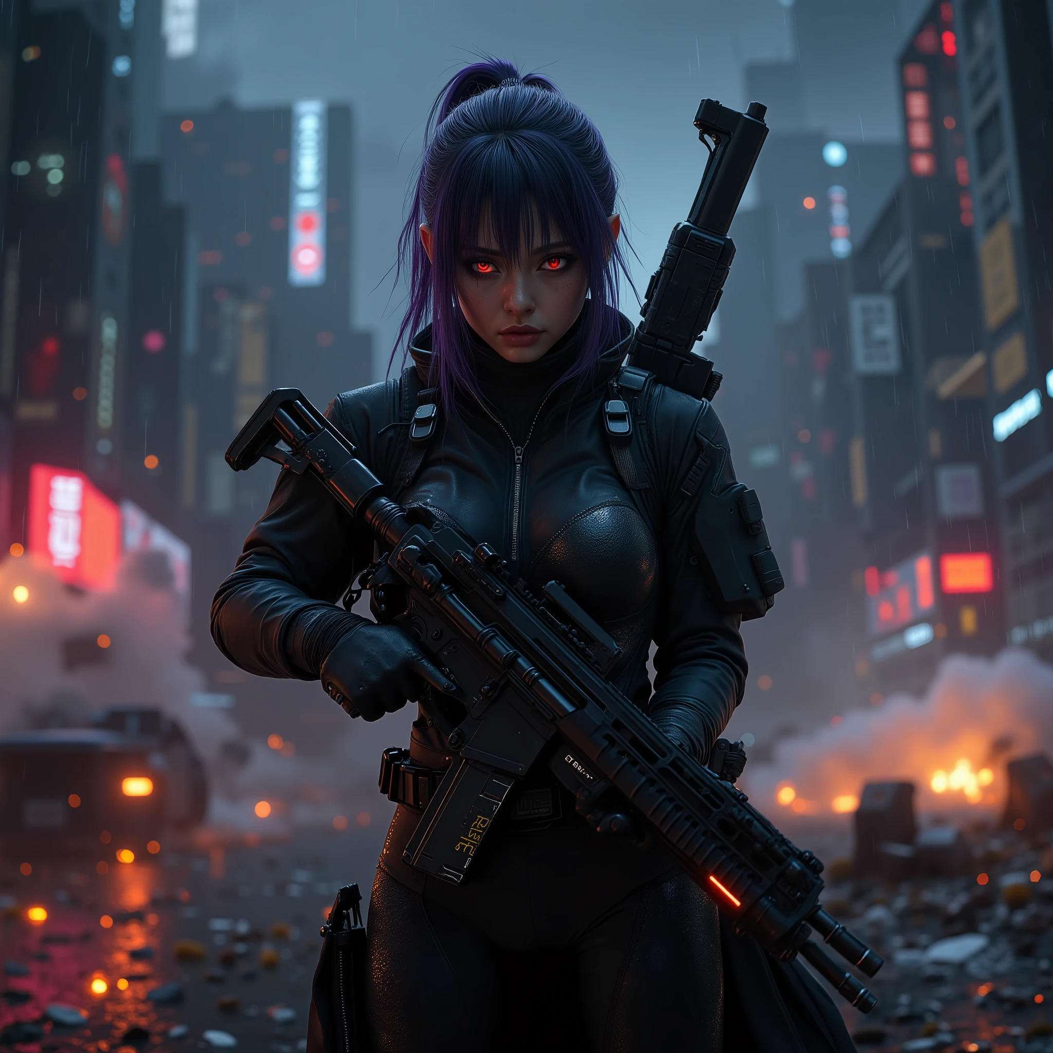 female android assassin, Midnight ,Cyberpunk City with Violent Explosions and White Smoke,intense shootout with lots of bullets flying around, Look into the scope and hold up the rifle,(Highest Quality,4K,8k,high resolution,masterpiece:1.2),super detailed,(Realistic,photoRealistic,photo-Realistic:1.37),dramatic lighting, gloomy atmosphere, Dramatic Poses, machine gun in both hands、He has an assault rifle on his back, extremely tight matte black cyberpunk suit, grenade and radio equipment on the waist belt,Gloved hands, Dark City, Cyberpunk Cityscapes, Moonlit Sky, rain, Dramatic Shadow,beautiful style,Thin Waist,I have long dark purple hair tied together at the back,special mission specialist,sense of urgency,Beautiful red glowing eyes,Professional,Motoko Kusanagi,