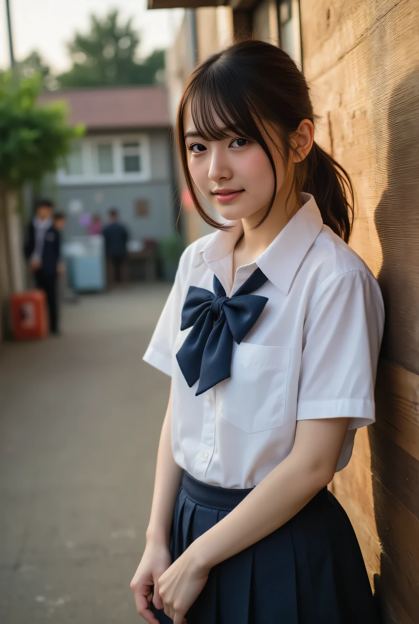 Highest Image Quality、photorealistic、behind a Japanese high school gymnasium、Soft sunset after school、, dark haired high school student in uniform、expression mixed with anticipation and tension、pale redness dyeing her cheeks、gesture of holding the hem of a skirt with both hands、posture leaning against the gymnasium wall、Two female students peeking into the situation from a corner of a distant school building、friends secretly watching while hiding、cherry blossom petals dancing in the wind、Moments of Youth、School confession scene