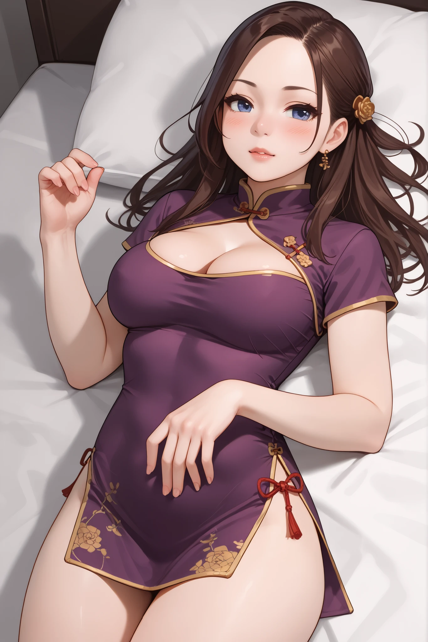 ((Solo girl))((Alone))((One Girl)),((red ties)) ((laying))((short dress))((mini qipao))((mandarin collar))((chinese dress))((purple chinese dress))((side slits))((sexy dress))((dress pulled up))((solid purple dress))((qipao dress))((traditional chinese dress)) medium , big , loose hair, beautiful nose, beautiful face, beautiful figure, blue eyes, detailed body, masterpiece, high quality, best quality, milf, mature female 30 years old, blush face, married woman, sunset time.((Sexy body))((Dynamic lighting))((Seductive pose)), award winning photo, details, realistic light and shadow, 8K, Professional Lighting, (glistening skin:0.9), perfect hand, ((Sexy))((hourglass figure))((cleavage))((hot))((accurate )) ((short sleaves)) ((Half body pose)) ((Purple Choker in the neck)) ((great hair)) ((hot)) ((BOLD)) ((plain brown hair))(( in a pose)) ((Beautifully flaunting her body)) ((accurate hands)) ((perfect fingers))((5'9 height))((Visible thigs)) ((Shot from front))((plain purple choker))((rose design))cha-4v1, 1girl, short dress, china dress, chinese clothes, purple dress, short sleeves, side slit, back cutout, cleavage