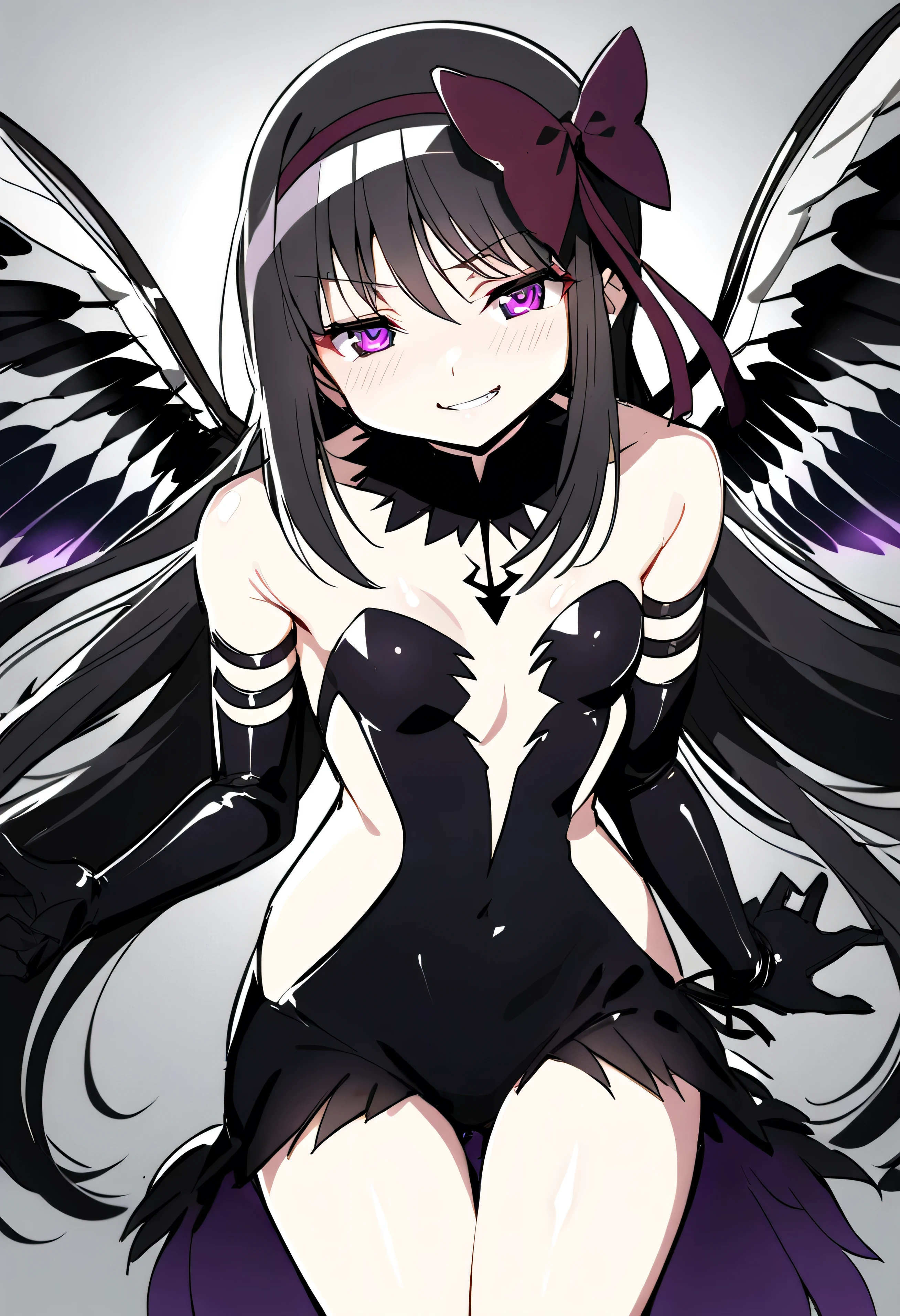1girl, akuma homura, pov, bare shoulders, black gloves, (shiny skin:1.5),black hair, black wings, small breasts, , bow, dress, elbow gloves, feathered wings, hair bow, hair ribbon, long hair, purple eyes, glowing eyes, evil smile:1.5, ribbon, wings, , masterpiece, best quality, late, homura akuma,solo,()