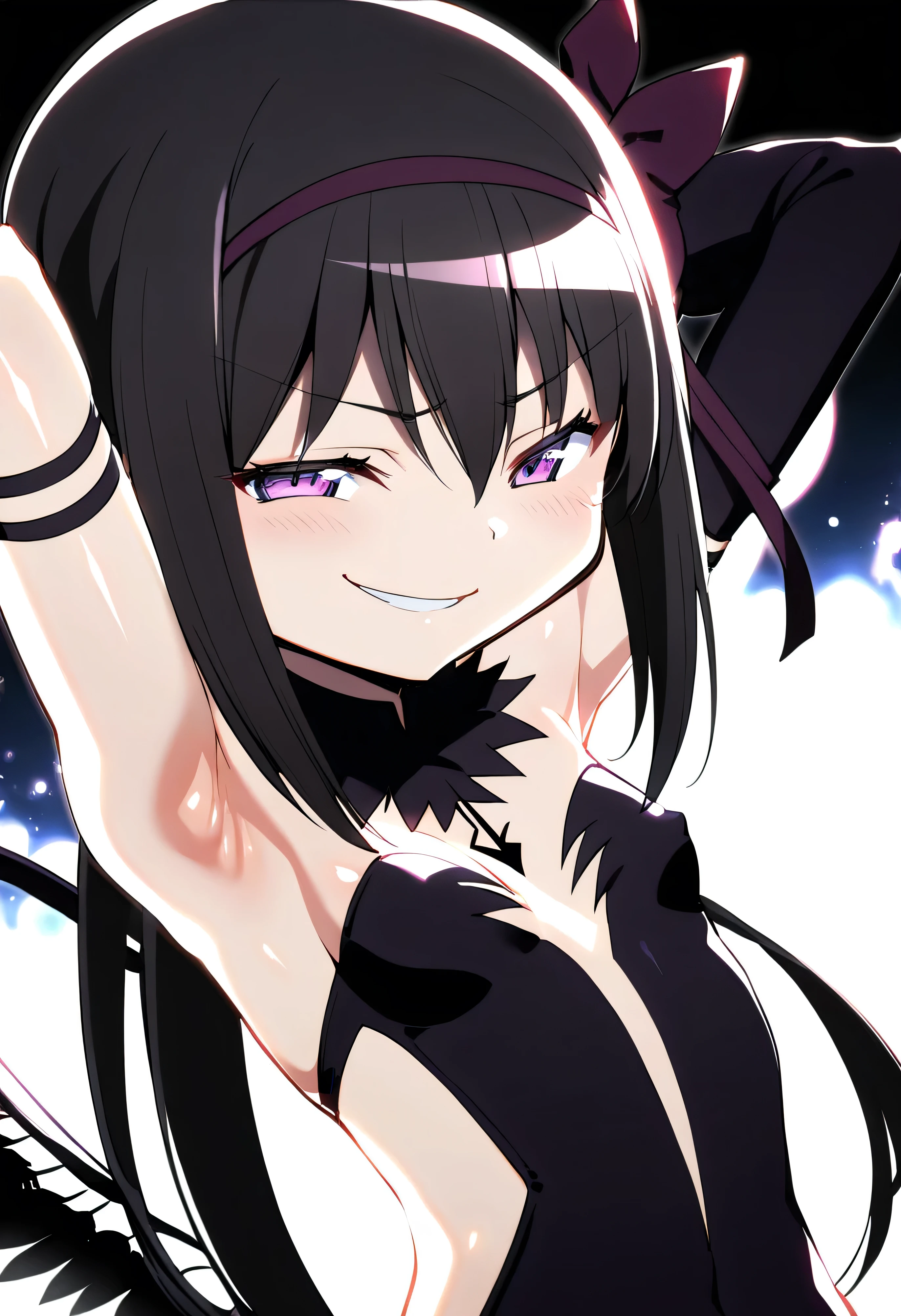 1girl, akuma homura, pov, bare shoulders, black gloves, (shiny skin:1.5),black hair, black wings, small breasts, , bow, dress, elbow gloves, feathered wings, hair bow, hair ribbon, long hair, purple eyes, glowing eyes,( smirk:1.5), ribbon, wings, , masterpiece, best quality, late, homura akuma,solo,(),spread armpit, Arm Up, armpit, lay hand on own armpit,(shiny skin:1.7)