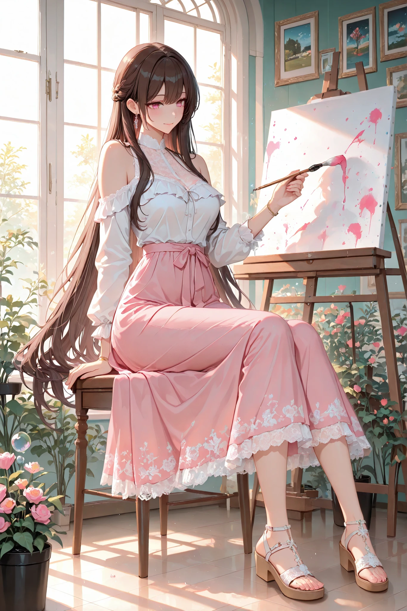 ultra-detailed, 8k resolution, cinematic lighting, masterpiece |
solo | very long brown hair, pink eyes | casual clothes, white blouse with bare shoulders, long pink skirt with lace flowers, white pinafor with paint stains, summer sandals | cross accessories, holding a brush, white lace details | looking at canvas front of her, painting a landscape |
sitting elegantly on a chair painting on canvas, relaxed posture |
sunlit room with large windows, warm natural illumination, sunlight softly enveloping the room, elegant easiel, potted plants and flowers around, sophisticated ambience |
smiling gently, eyes sparkling with joy, a lot of bubbles in the air