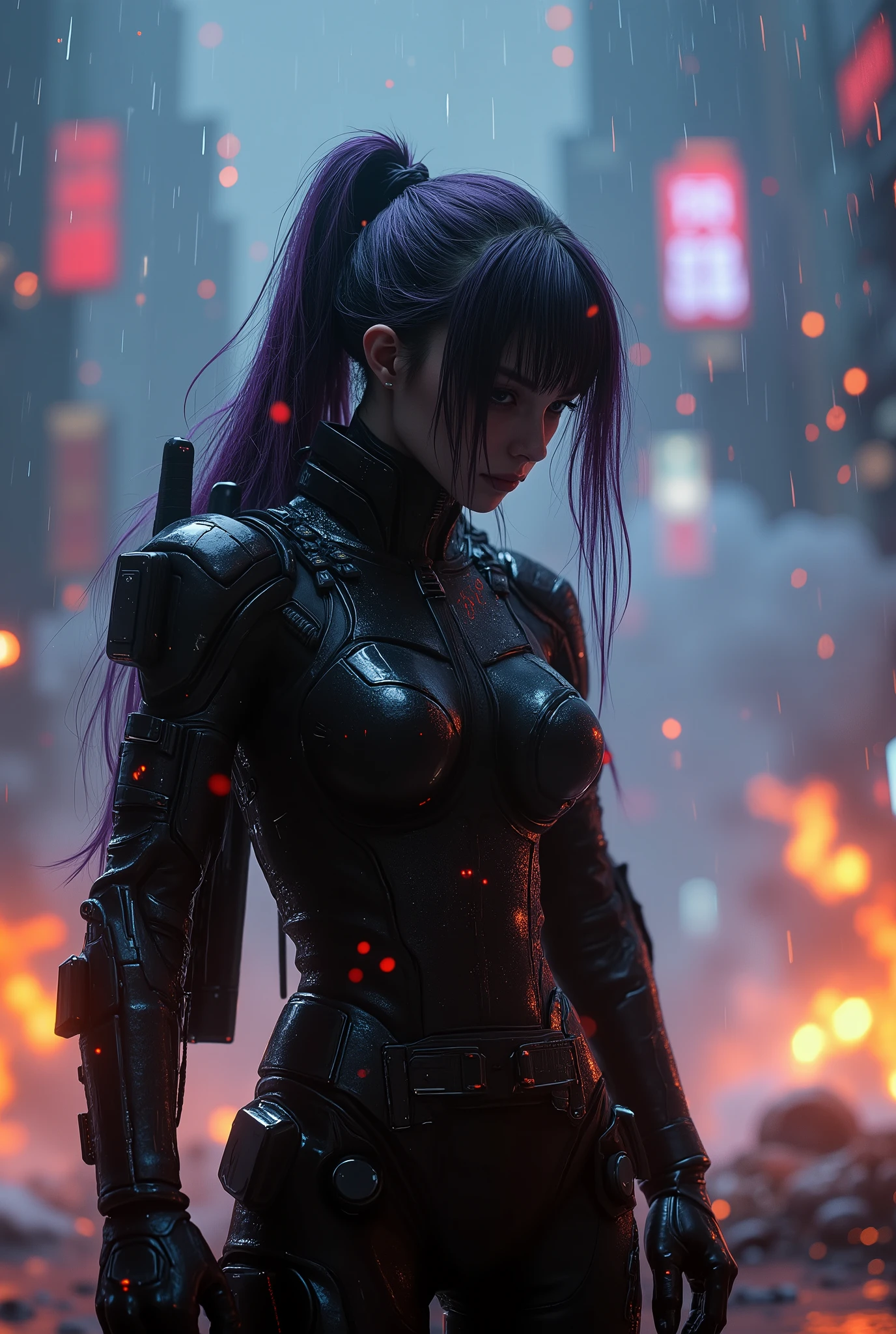 female android assassin, Midnight ,Cyberpunk City with Violent Explosions and White Smoke,intense shootout with lots of bullets flying around, Look into the scope and hold up the rifle,(Highest Quality,4K,8k,high resolution,masterpiece:1.2),super detailed,(Realistic,photoRealistic,photo-Realistic:1.37),dramatic lighting, gloomy atmosphere, Dramatic Poses, carry assault rifles、He carries a rifle on his back, extremely tight matte black cyberpunk suit, grenade and radio equipment on the waist belt,Gloved hands, Dark City, Cyberpunk Cityscapes, Moonlit Sky, rain, Dramatic Shadow,beautiful style,Thin Waist,I have long dark purple hair tied together at the back,special mission specialist,sense of urgency,Beautiful red glowing eyes,Professional,Motoko Kusanagi,