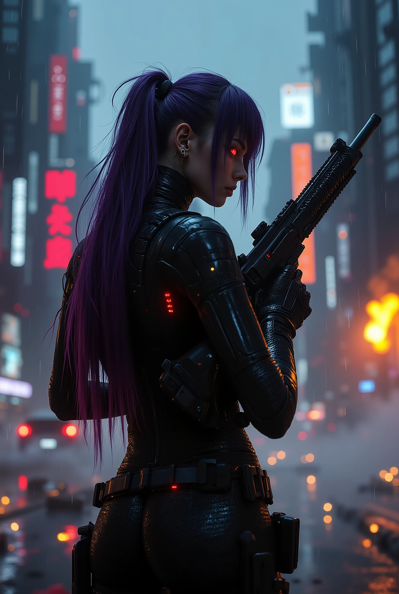 female android assassin,  Midnight ,Cyberpunk City with Violent Explosions and White Smoke,intense shootout with lots of bullets flying around, Look into the scope and hold up the rifle,(Highest Quality,4K,8k,high resolution,masterpiece:1.2),super detailed,(Realistic,photoRealistic,photo-Realistic:1.37),dramatic lighting, gloomy atmosphere, Dramatic Poses, carry assault rifles、He carries a rifle on his back, extremely tight matte black cyberpunk suit, grenade and radio equipment on the waist belt,Gloved hands, Dark City, Cyberpunk Cityscapes, Moonlit Sky, rain, Dramatic Shadow,beautiful style,Thin Waist,I have long dark purple hair tied together at the back,special mission specialist,sense of urgency,Beautiful red glowing eyes,professional,Motoko Kusanagi,