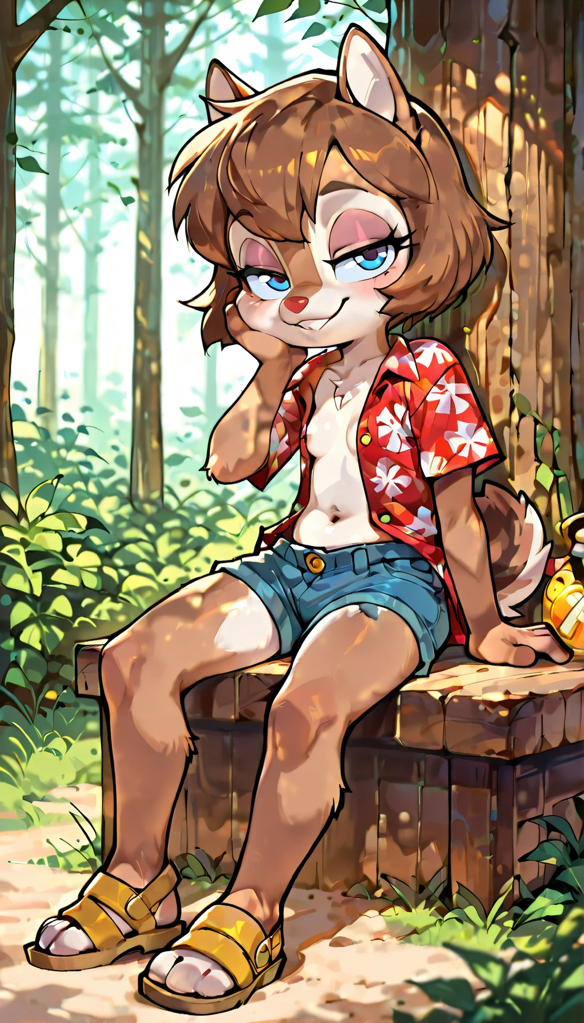 score_9, score_8_up, score_7_up, score_6_up,, hi_res, furry_source, absurdres, masterpiece, best quality, amazing quality, Chip'n Dale Rescue Rangers, 1girl, solo, alone, Femdale, furry, anthro, chipmunk girl, brown fur, blue eyes, chipmunk tail, red nose, brown hair, short hair, bangs, short body, short stature, ((red hawaiian shirt, claveage, one button fastened, denim shorts, sandals)), small breasts, navel, (very skinny:1.0), (Small, Short:1.1), (young cub:1.2), full body, feets with three toes, spread buckteeth, forest with cabin on background, adorable pose, sitting on ground, smile, one hand own cheek, leaning on tree, seductive stare, looking at viewer,