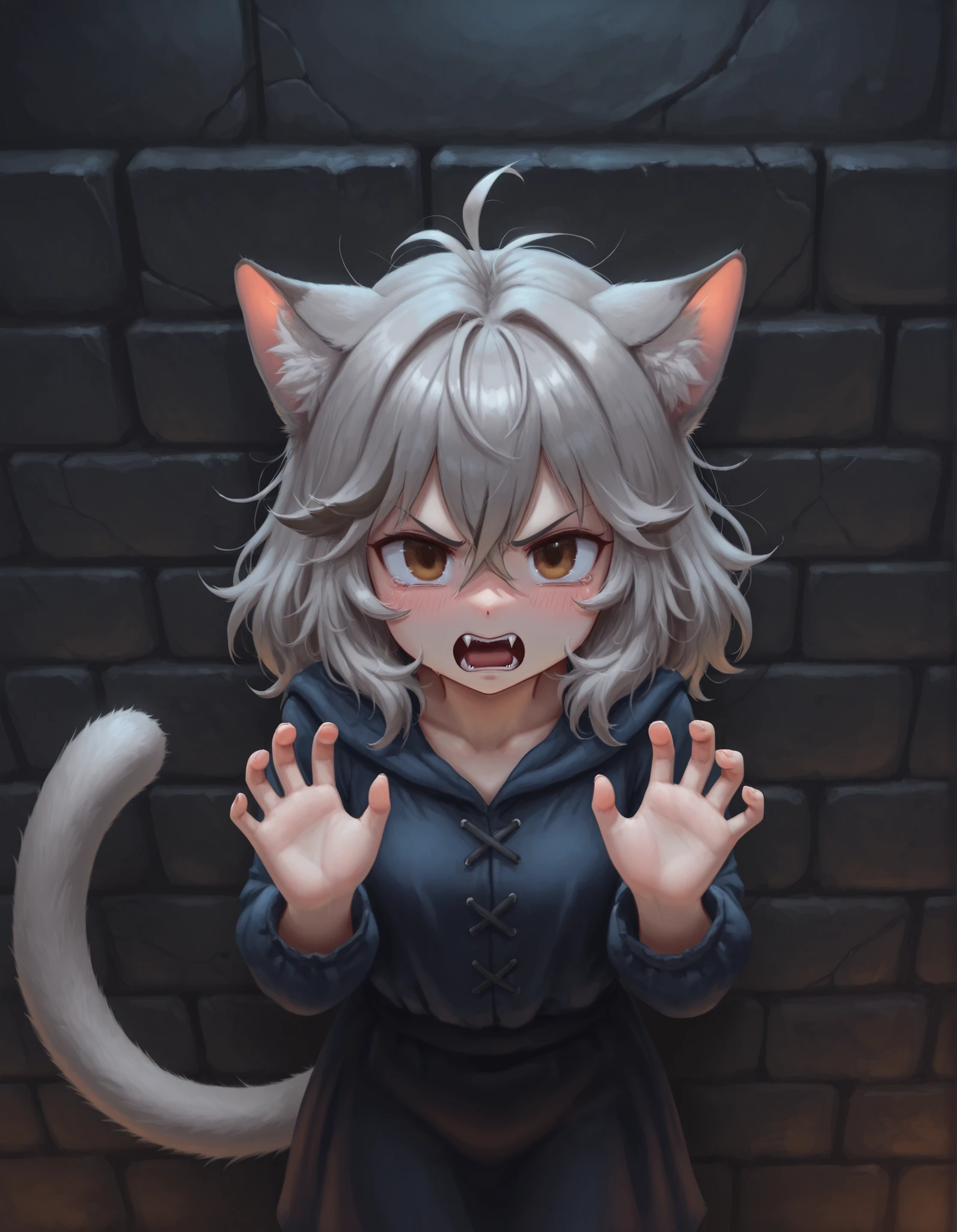 slvrfxstyleil,, 1girl, petite, (skinny and frail:0.7), cat girl, against wall, stone wall, brown eyes,looking at viewer, grey hair, medium hair, messy hair, angry, (scared:0.4), (open mouth:0.5), fangs, hands up, (tearing up:0.5), tail raised, torn clothes, straight-on, dark, night, outdoors, masterpiece,best quality, amazing quality,