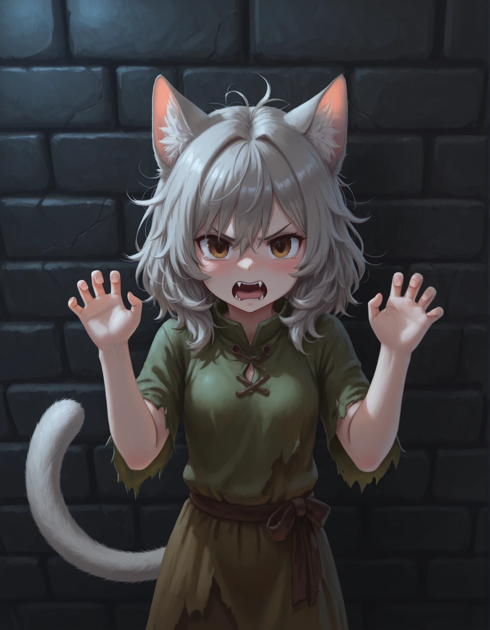slvrfxstyleil,, 1girl, petite, (skinny and frail:0.7), cat girl, against wall, stone wall, brown eyes,looking at viewer, grey hair, medium hair, messy hair, angry, (scared:0.4), (open mouth:0.5), fangs, hands up, (tearing up:0.5), tail raised, torn clothes, straight-on, dark, night, outdoors, masterpiece,best quality, amazing quality,