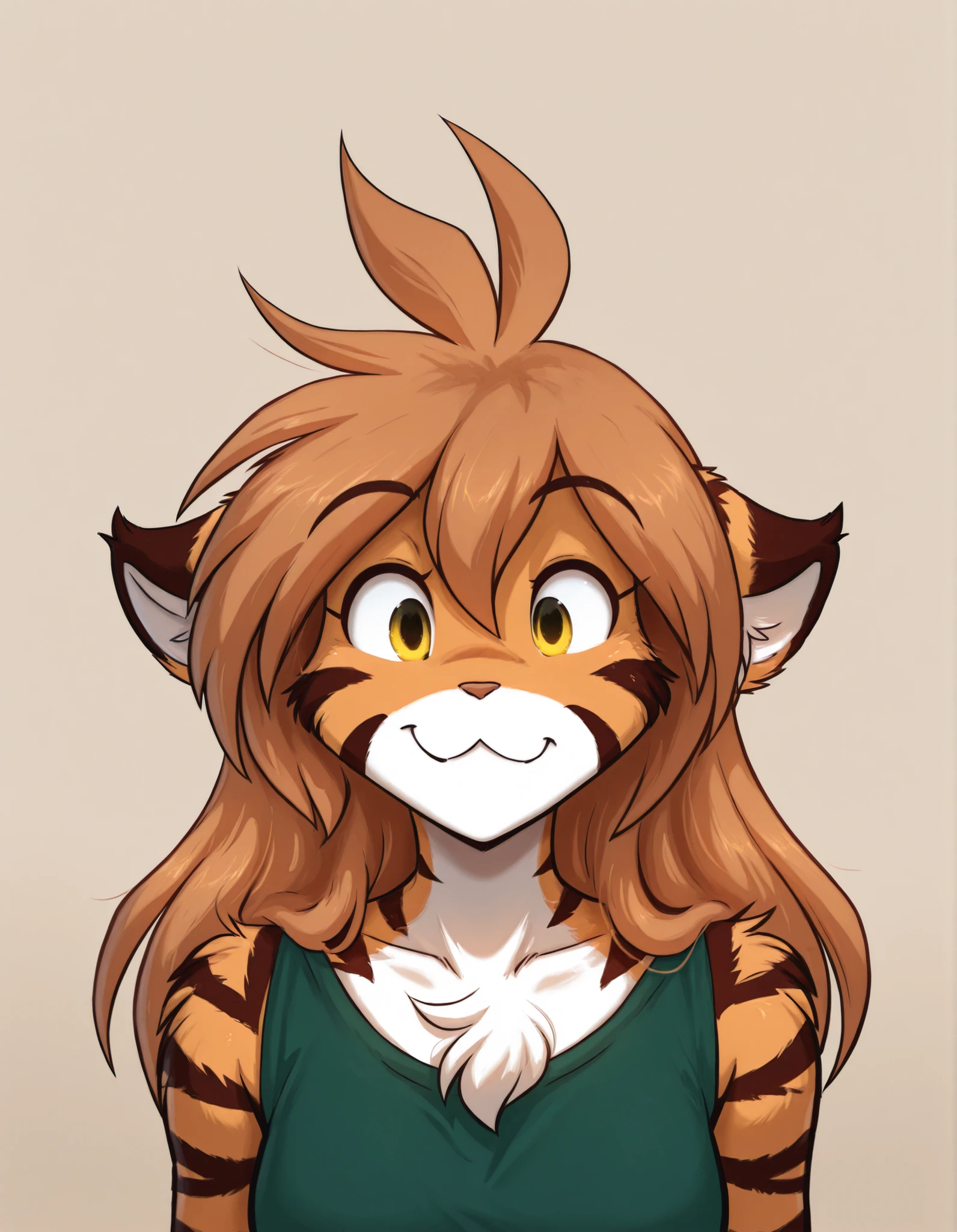 slvrfxstyleil,, furry, solo, flora-twokinds, flora_twokinds,, tiger, striped fur, keidran, yellow eyes, anthro, simple background,,, green shirt