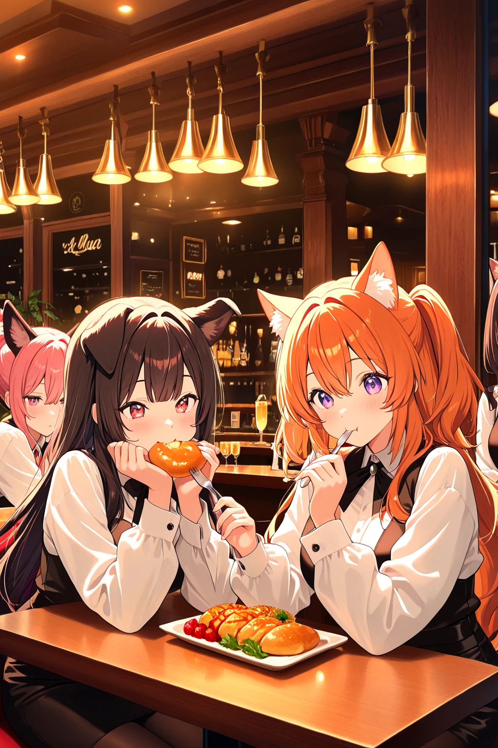 “Create an image of two adorable cats taking a selfie together. The first cat is orange with long fur, while the second cat is brown with stripes. Both cats are holding pieces of fried chicken with their paws, and there is a plate of fried chicken on the table in front of them. The setting is indoors, with a cozy and well-lit room in the background.”