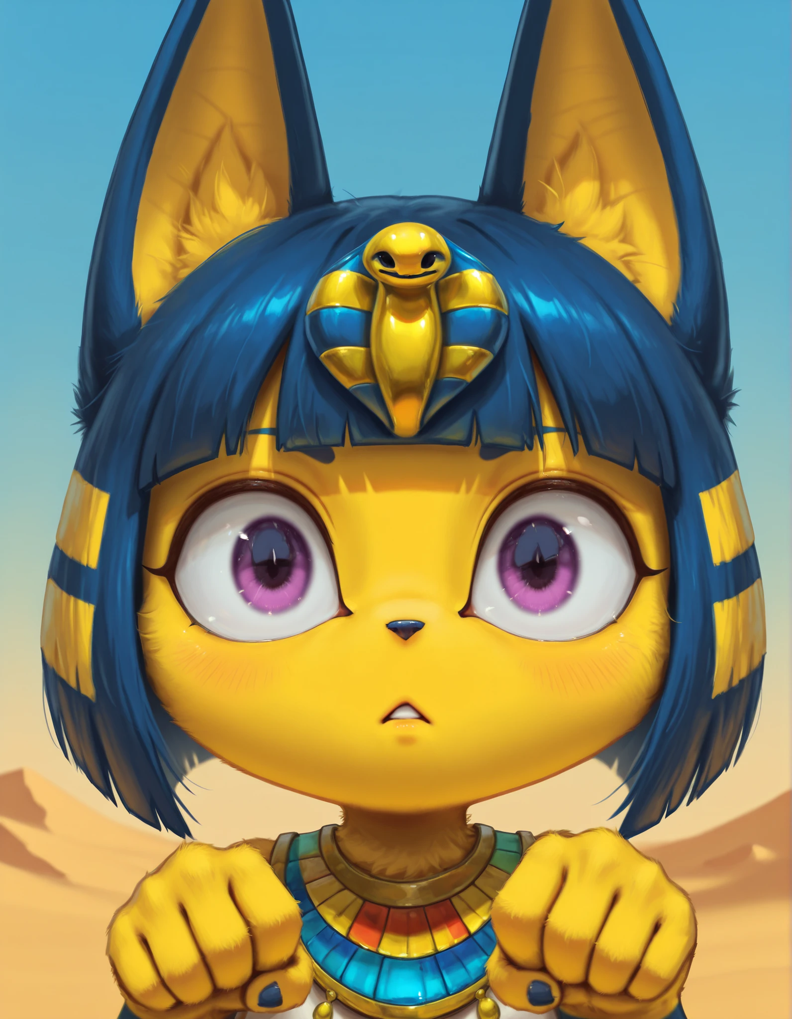 slvrfxstyleil,, depth of field, 1girl, furry, ankha \(animal crossing\), expressionless, eye reflection, yellow background, yellow theme, blue background, desert,, purple eyes, glowing eyes, wide-eyed, paw pose, looking at viewer, close-up, parted lips,