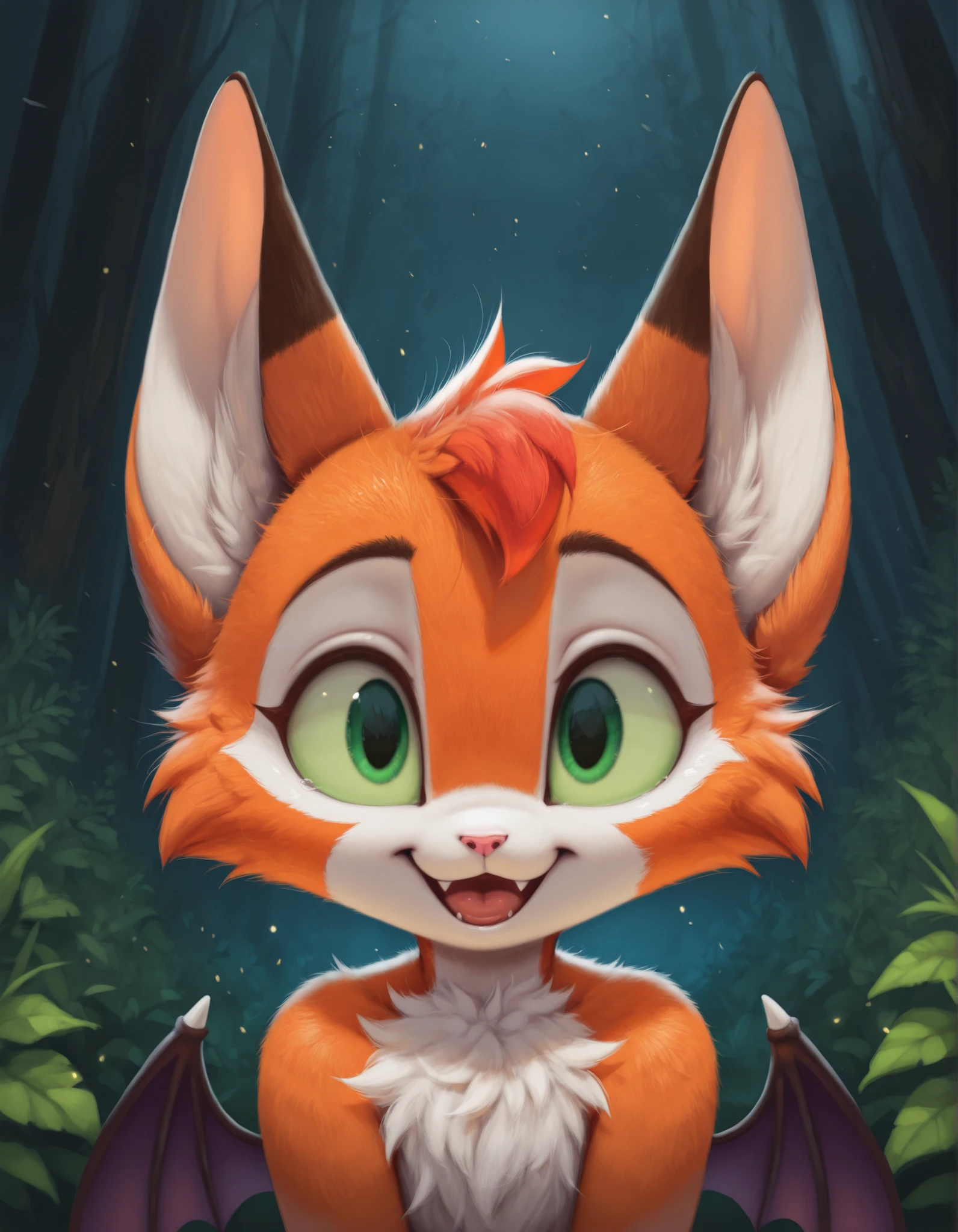 slvrfxstyleil,, masterpiece, best quality, very aesthetic, (1girl:0.7),, (solo:1.3), furry, fidget \(elysian tail\), nimbat, fidget_daet, anthro, furry female, wings, tail, green eyes, colored sclera, bat wings, facial markings, orange fur, white fur, two-tone fur,membranous wings, fluffy, portrait, big eyes, young, BREAK, masterpiece, best quality, high quality, particles effect, [:by Desubox:0.15], [:by Anchee, by Snowskau:0.55], detailed background, detailed foreground, subtle shadows, depth of field, backlighting, plant, nude