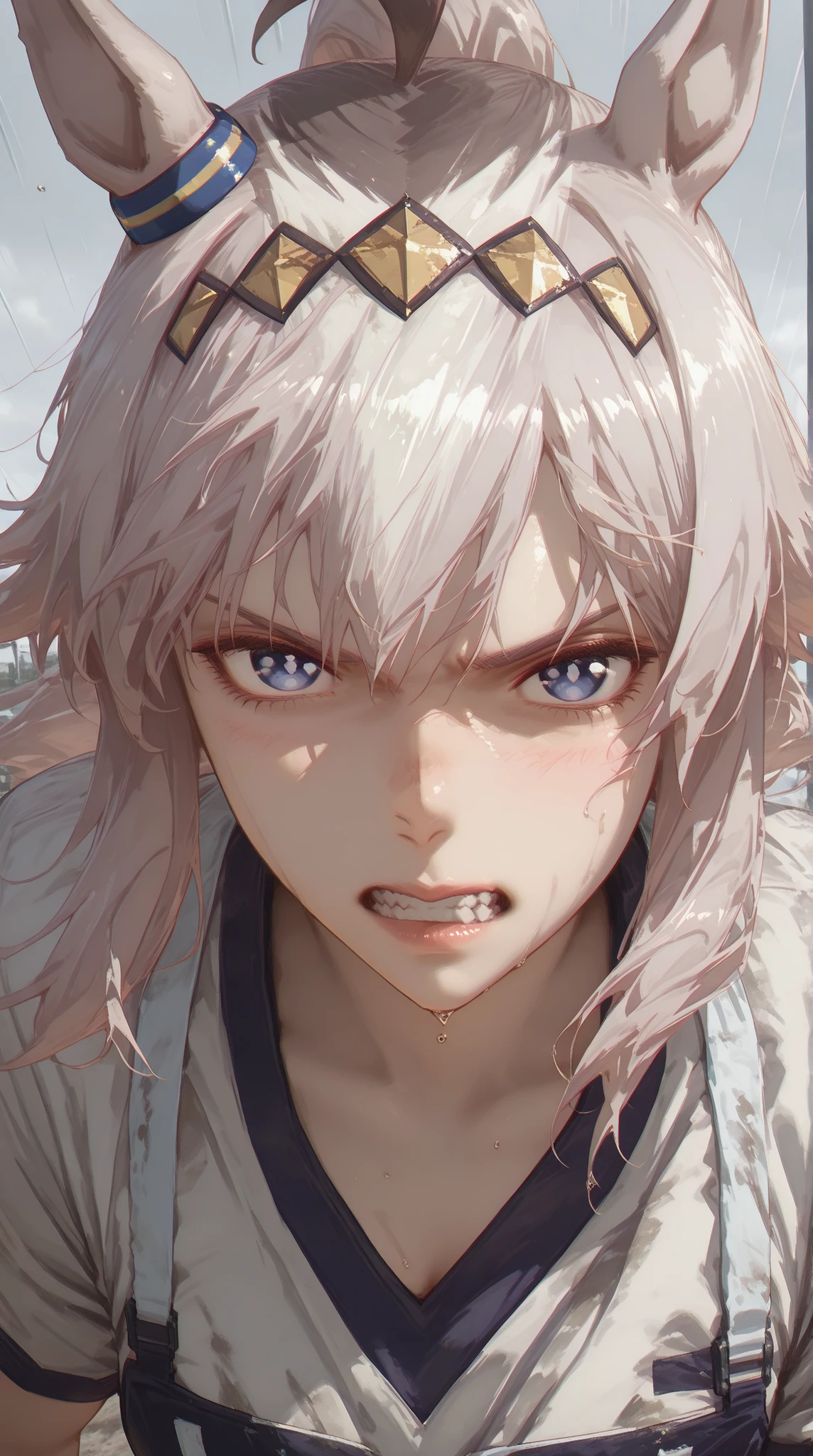 oguri cap \(umamusume\),(masterpiece, Highest Quality), (very detailed, Highest Quality, Official Art, beautiful、Aesthetic: 1.2) , 1 female(, face focus , close face,, ,angry face , clench your teeth、, (Realistic:1.2), (illustration:1.2), Uma Musume's Oguri Cap、race、rain、high contrast、Gym Clothes、hair fluttering backwards、catches the wind from the front