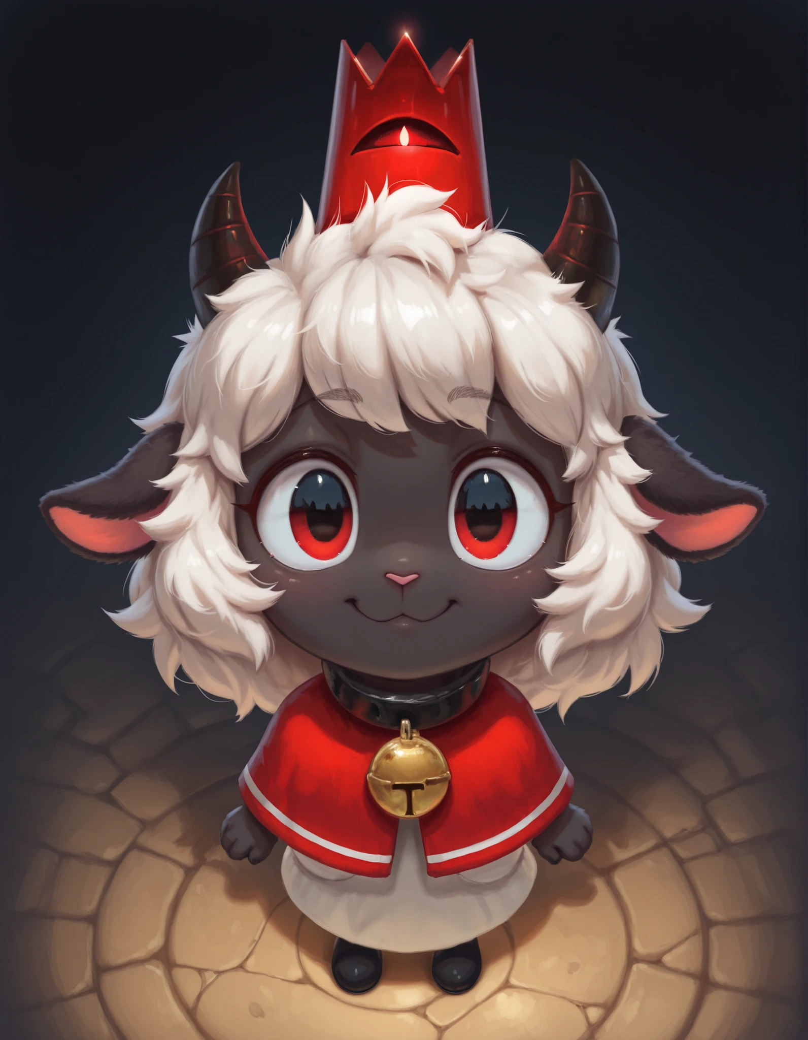 slvrfxstyleil,, masterpiece, best quality, very aesthetic, 1girl, solo, cult of the lamb, sheep girl, collar, horizontal pupils, red/black eyes, red crown,