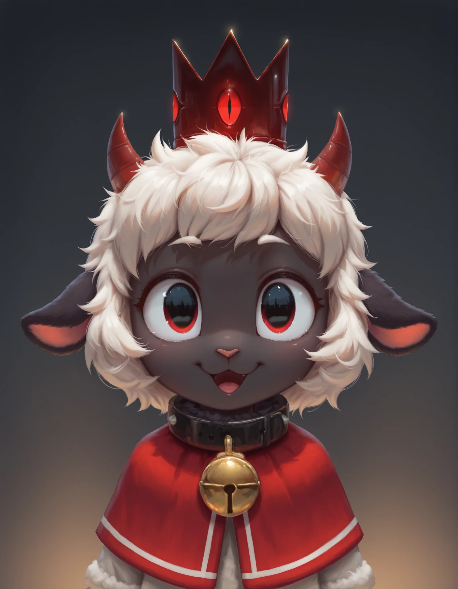 slvrfxstyleil,, masterpiece, best quality, very aesthetic, 1girl, solo, cult of the lamb, sheep girl, collar, horizontal pupils, red/black eyes, red crown,