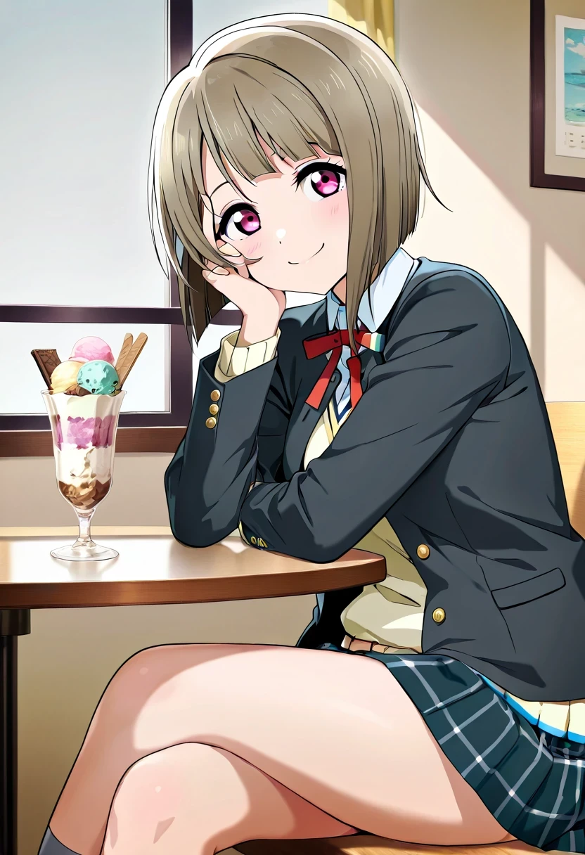 anime style, masterpiece, best quality, ultra detailed, highres, 8k, smile, 1 girl,
Kasumi Nakasu , skirt, long sleeves, school uniform, jacket, red ribbon, black jacket, blazer, nijigasaki academy school uniform, sitting, table, ice cream in a glass, legs crossed, v over they eye