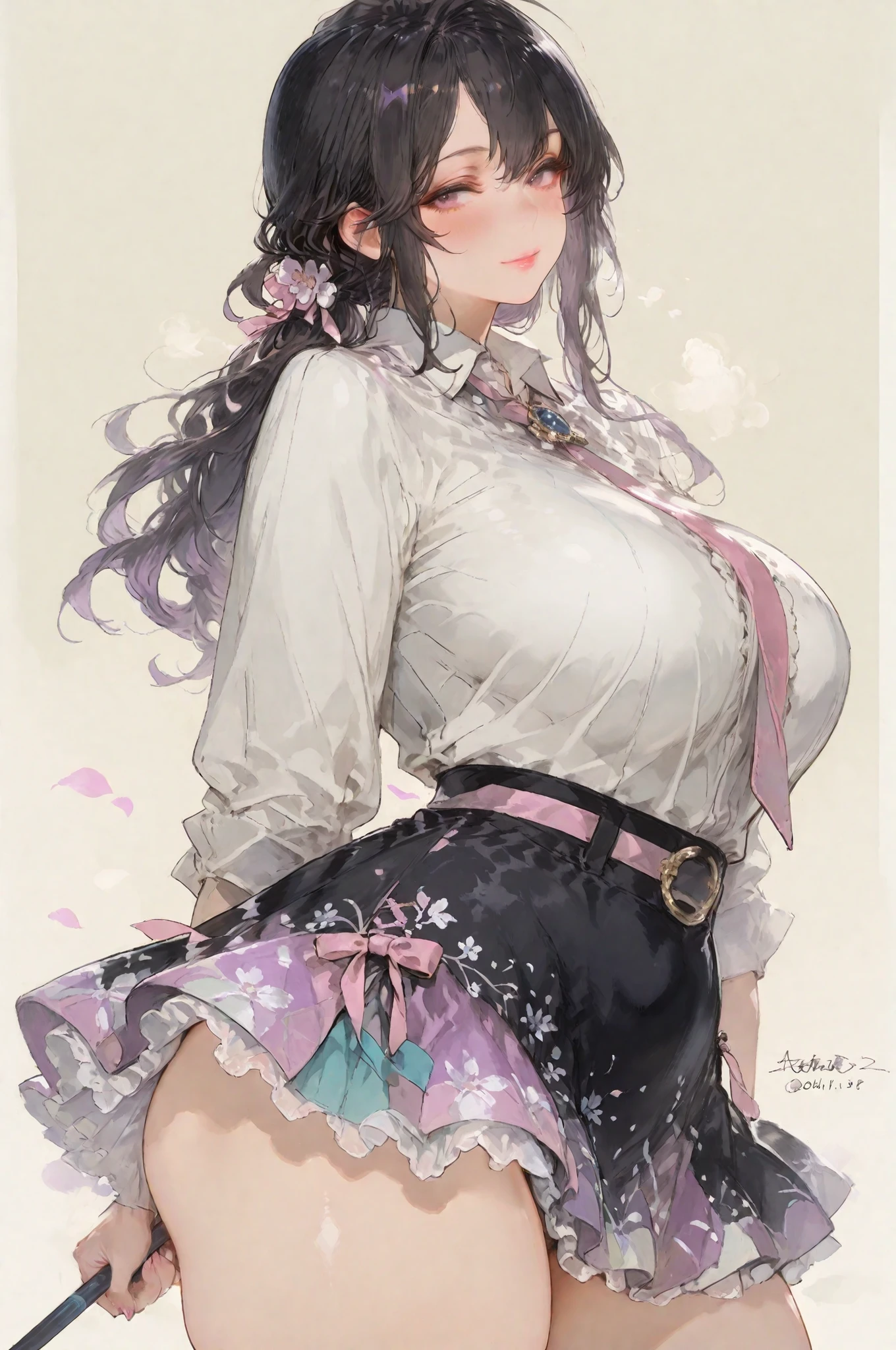mature,1girl,solo, Decorative skirt,Detailed colored pencil drawing , BIG BREASTS,thick thighs,Appropriate background