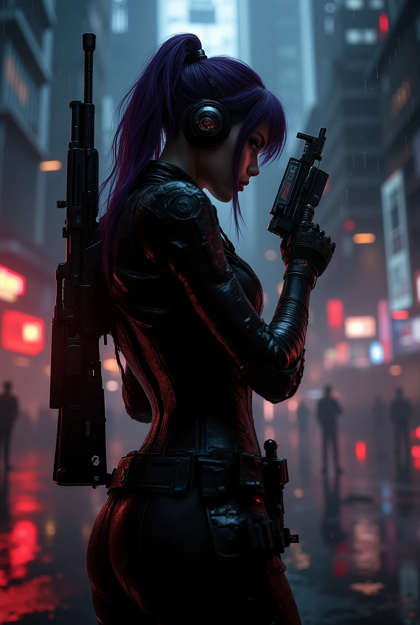 female android assassin,  Midnight ,Cyberpunk City with Violent Explosions and White Smoke,intense shootout with lots of bullets flying around, Look into the scope and hold up the rifle,(Highest Quality,4K,8k,high resolution,masterpiece:1.2),super detailed,(Realistic,photoRealistic,photo-Realistic:1.37),dramatic lighting, gloomy atmosphere, Dramatic Poses, carry assault rifles、He carries a rifle on his back, extremely tight matte black cyberpunk suit, grenade and radio equipment on the waist belt,Gloved hands, Dark City, Cyberpunk Cityscapes, Moonlit Sky, rain, Dramatic Shadow,beautiful style,Thin Waist,I have long dark purple hair tied together at the back,special mission specialist,sense of urgency,Beautiful red glowing eyes,professional,Motoko Kusanagi,