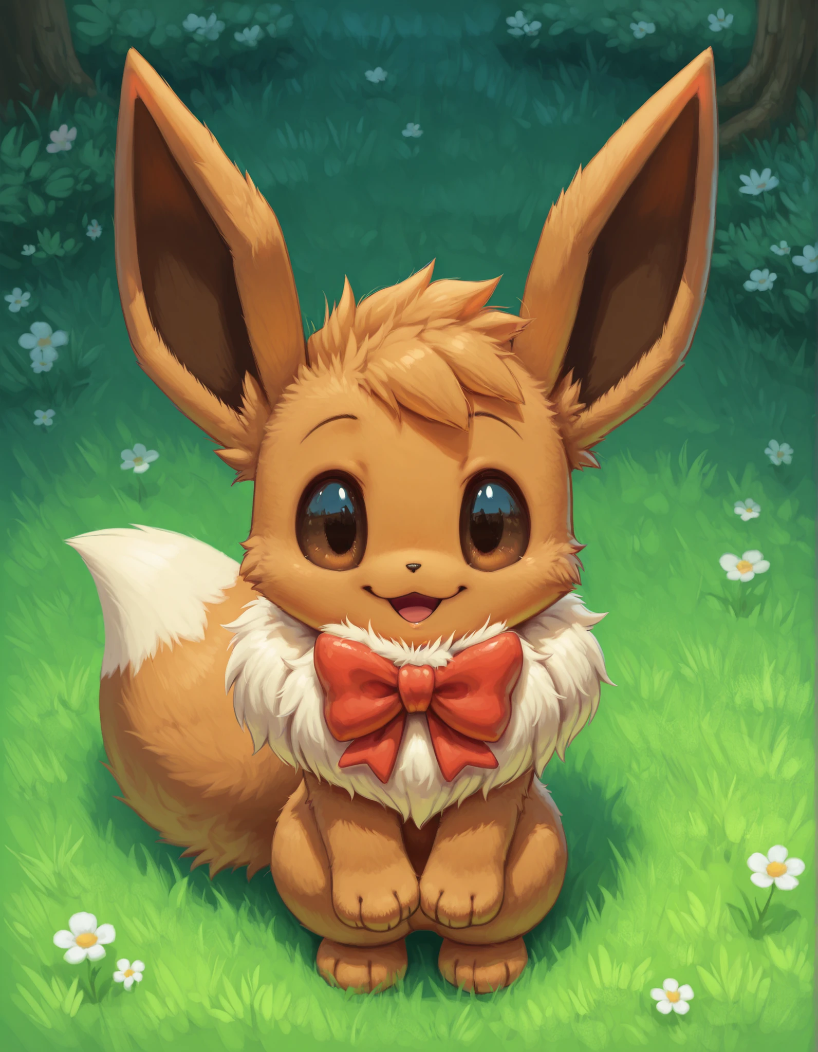slvrfxstyleil,, pokekid, eevee, fluffy girl, furry girl, female, smile, smiling, has a big pretty bow in her hair, has animal paws for hands, 1girl, best quality, outdoors, high definition, cute,