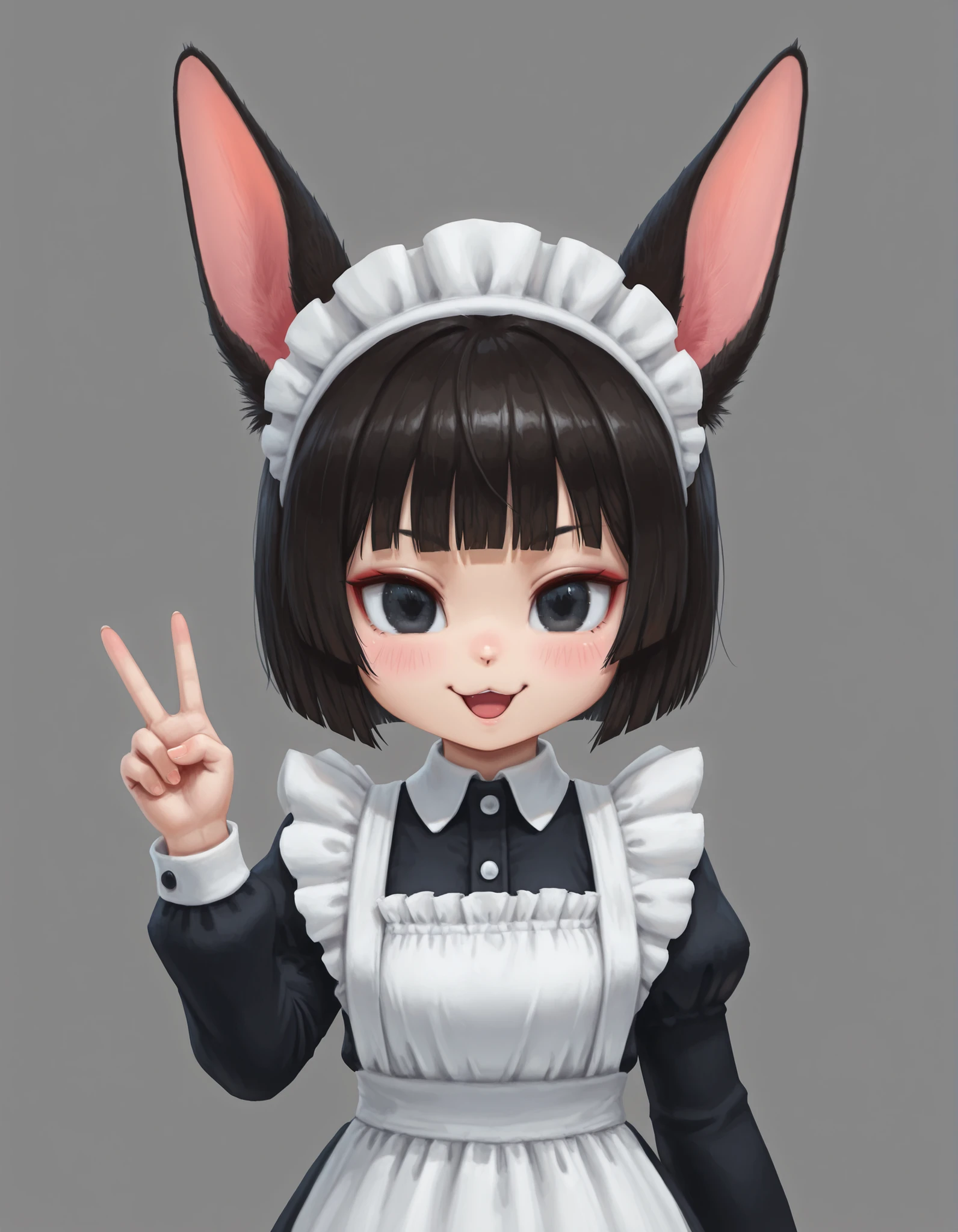 slvrfxstyleil,, solo, Maya Hell,black eyes,dark hair,bob cut,Maid Outfit、White Apron、White Headdress、 with rabbit ears、cafe