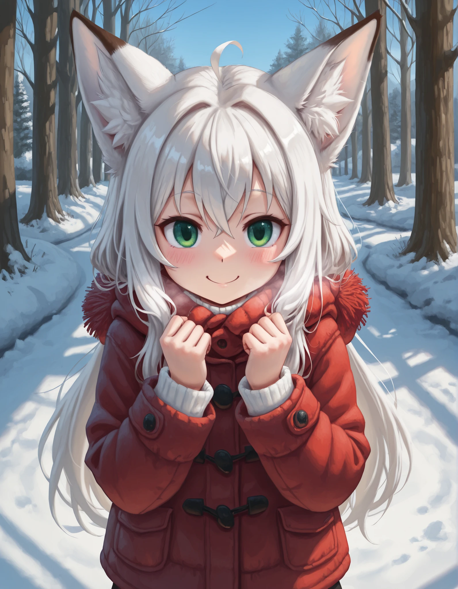 slvrfxstyleil,, anime, solo, BREAK, young fox girl, skinny and frail, (petite,cute:0.5), green eyes, looking at viewer, long hair, white hair, smile, winter clothes, outdoors, winter,