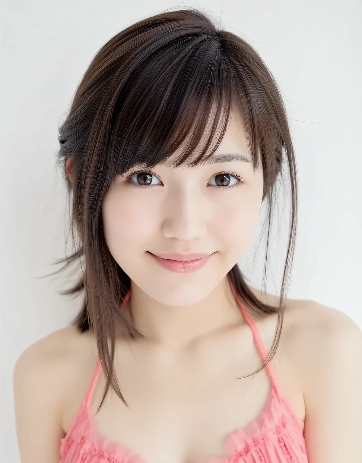 Raw photo, Real, ((Staring)), ((Focus on face)), ((Close-up)), Front view, Japanese woman, ((Medium hair, dark brown hair, straight hair)), Off-the-shoulder, Beautiful collarbone, Unedited, Live-action, Authentic, Cute young girl, Beautifully reflective eyes, Beautifully detailed lips, Very delicate eyes and face, Long eyelashes, Subtle smile, Simple white background, Natural light, (()), Looking towards the camera,