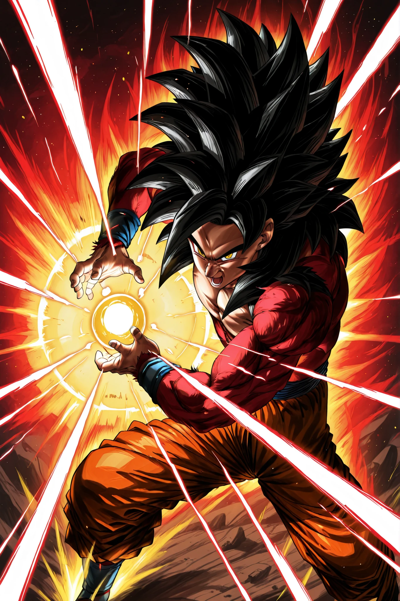 zzGokuSSJ4, yellow eyes, black hair, spiked hair, super saiyan, body fur, red fur, , kamehameha, energy ball, aura ,