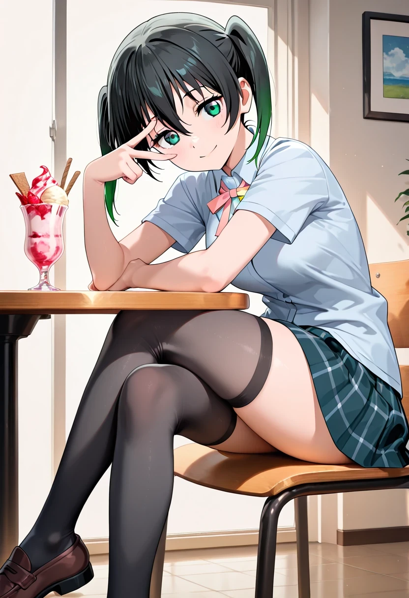 anime style, masterpiece, best quality, ultra detailed, highres, 8k, smile, 1 girl,
Takasaki Yuu, solo, Nijigasaki Academy school uniform, stockings, pigtails, multicolored hair, black hair, skirt, black stockings, gradient hair, school uniform, Shirt, green eyes, green hair, short sleeves, bangs, brown shoes, summer uniform, two-tone hair, foldable skirt,, ,, sitting, table, ice cream in a glass, legs crossed, v over they eye