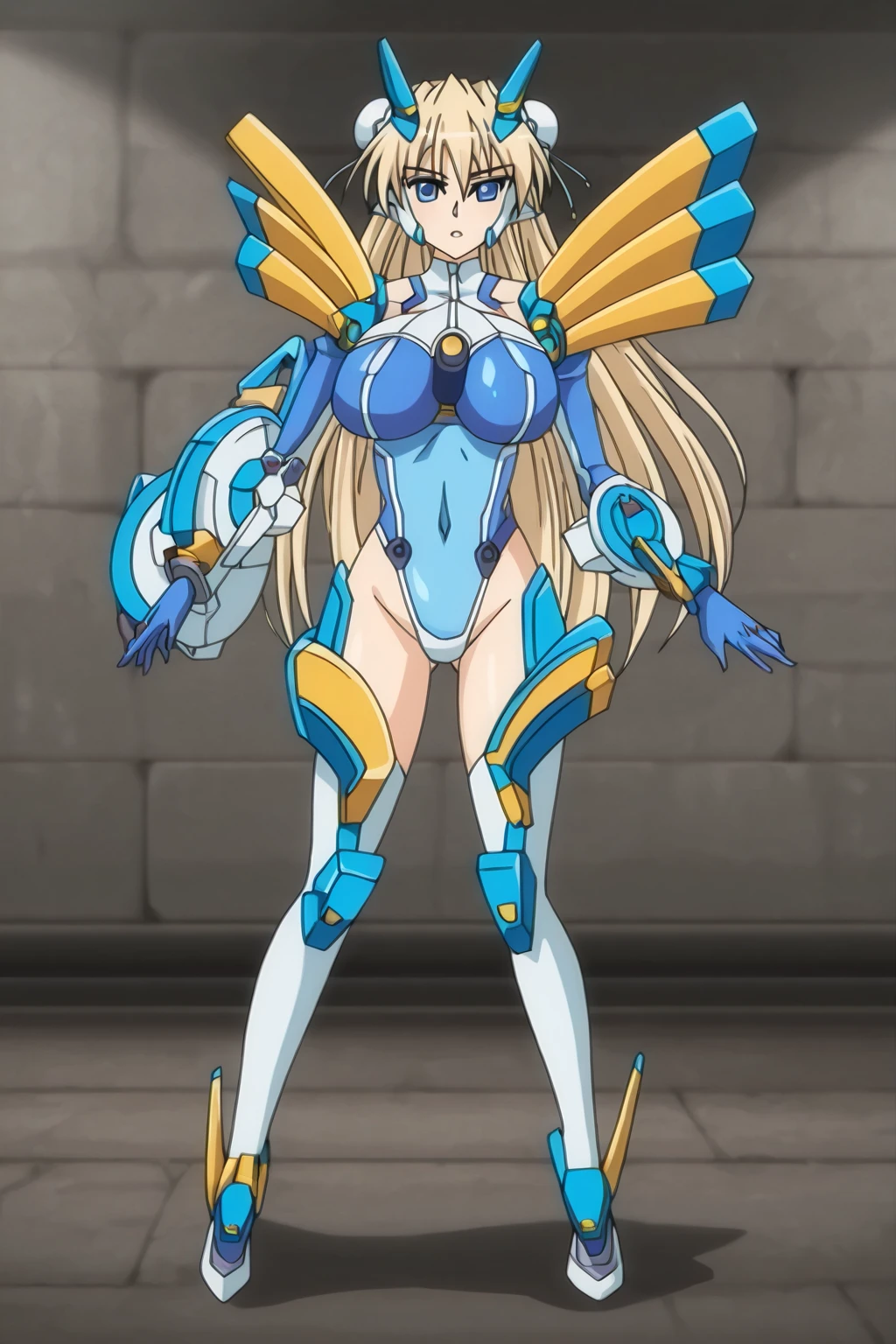 "(masterpiece:1.1), best quality, 
1girl, (80s anime style:1.3), (eyelashes:1.5), (loli:1.2), 
(intricate high detailed body:1.2), 
(blonde hair:1.1), (hair slicked back:1.2), (long hair, drill hair:1.2), (headband:1.2), 
red eyes, (lip stick:1.3), (thick eyebrows:1.1), 
(pale skin:1.3), (slim body:1.1), (:1.5), 
( face:1.2), 
(high cut leotard armor, underboob cutout:1.2), 
(knight armor, armored boots:1.2), (streaked hair:1.2), necklace, 
standing, hand on hip, 
(dynamic pose:1.1), (full body, looking at viewer, from front:1.1),
(simple white background:1.2)"