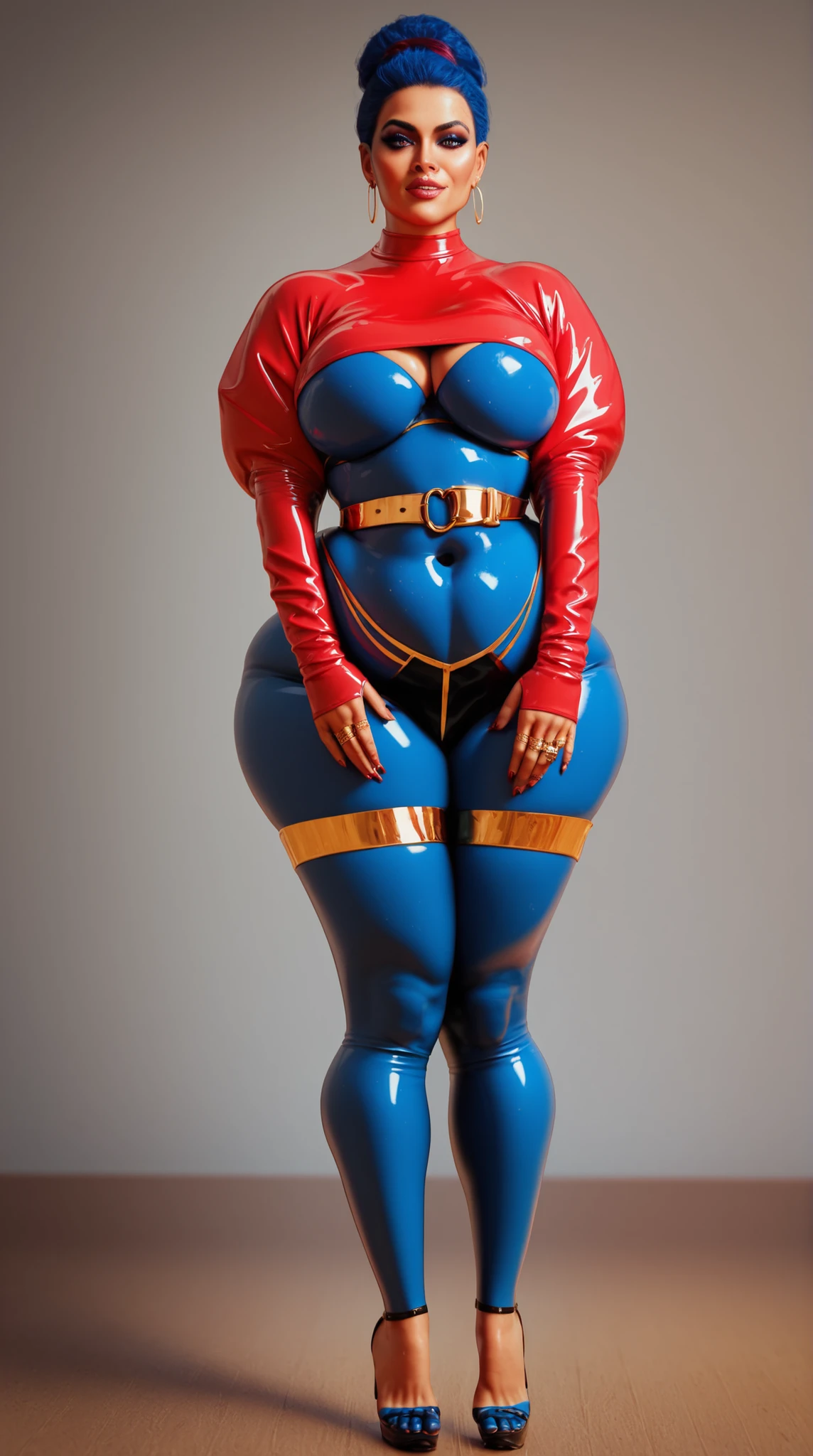 In front of the Burj Khalifa Dubai, a THICC fat woman with large belly and legs wears a red and blue latex shirt red sleeves blue body, the woman wears black latex pants, wears a gold leather belt