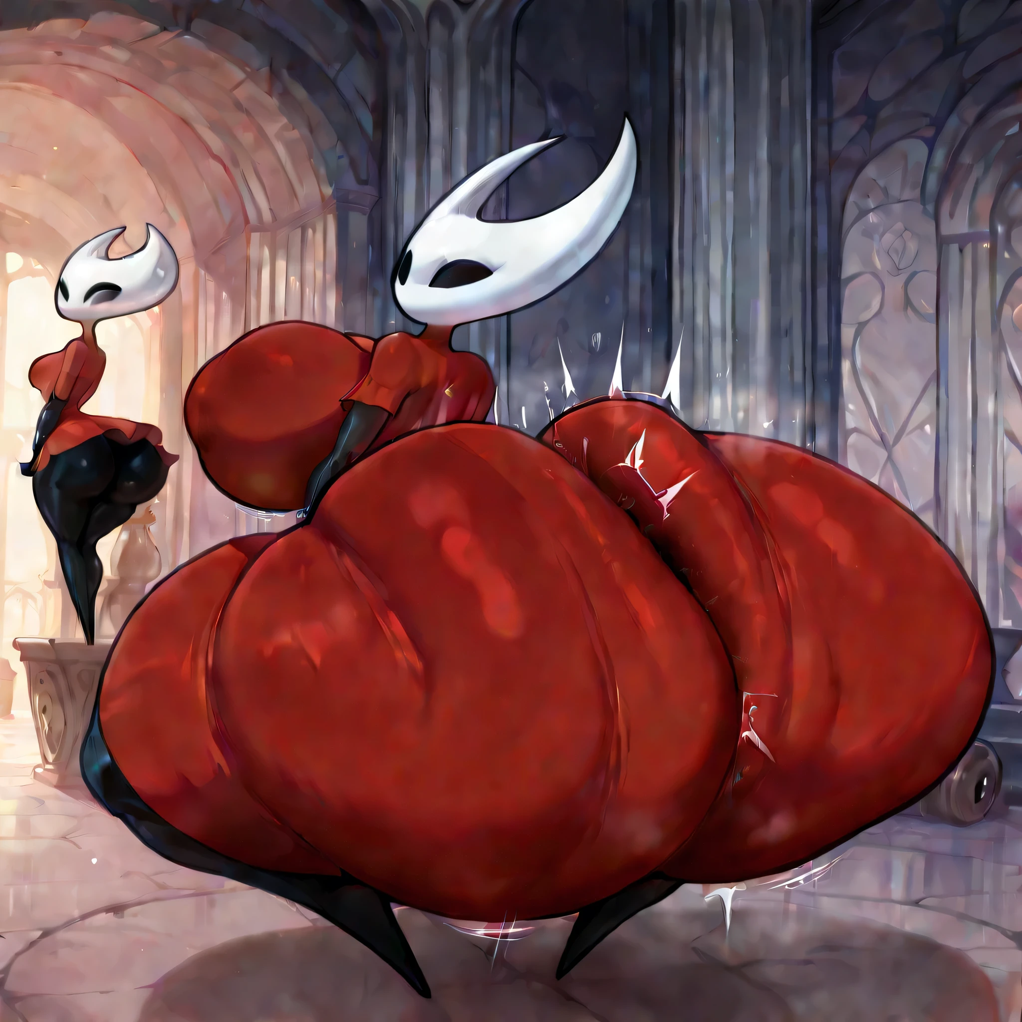 A masterpiece of quality , perfect anatomy, adult, worthy, Beautiful, full body, (big breasts), (huge ass), Tight-fitting clothing, slim body, Шершень Hollow Knight, red dress , short dress, turned back to the camera, sits and claps her ass