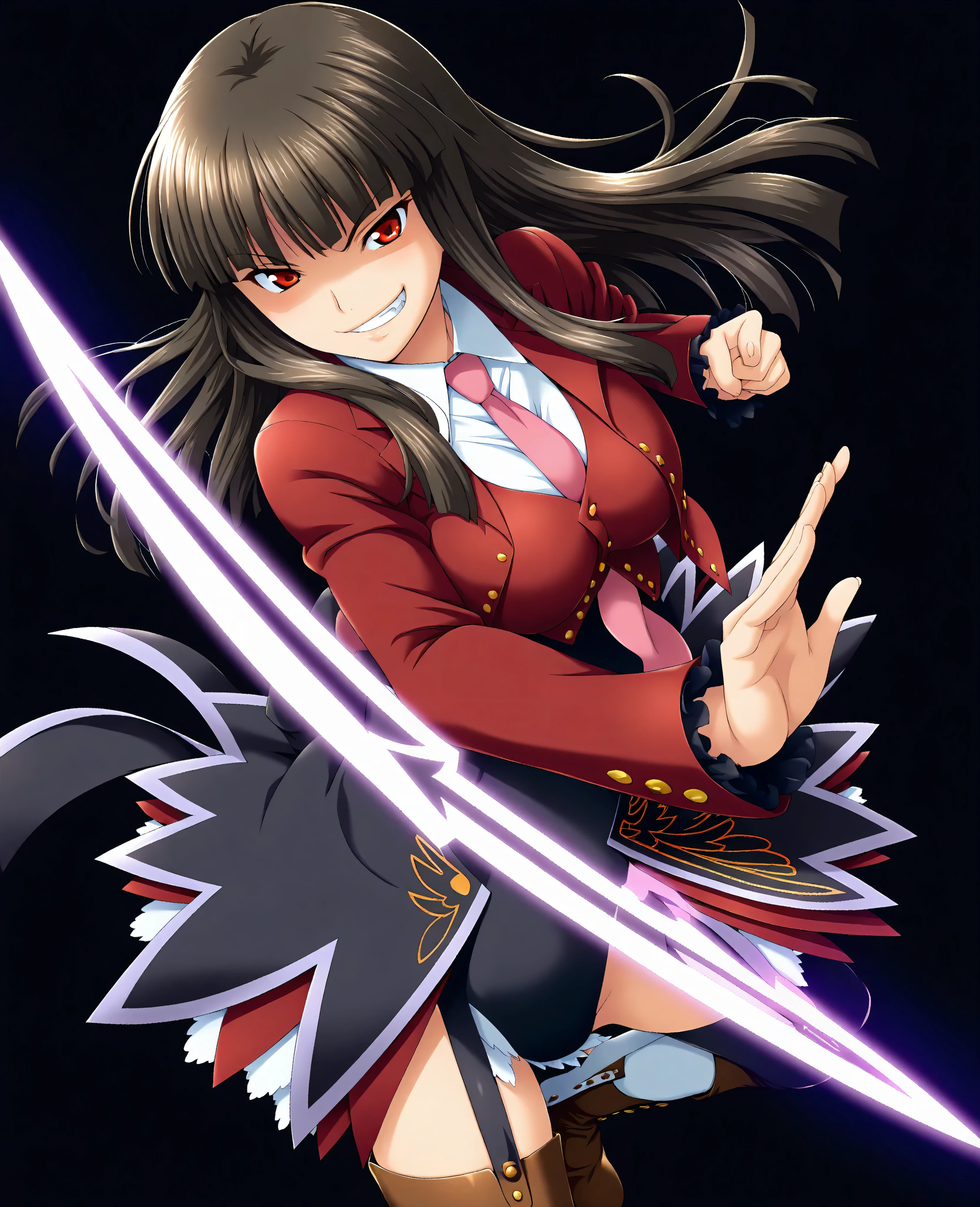 (Black Background:1.5), from above, fisheye, watch viewers, 1girl, solo, Lucifer, Stakes of Purgatory, long hair, dark haired, Bang, blunt Bang, red eyes, pink tie, white shirt, collared shirt, red jacket, long sleeve, ruffle sleeve, high leg leotard, Garter Straps, Showgirl Skirts, black skirt, Black Thigh High Boots, brown boots, Holding a sword, laughing, , shaded face, dynamic pose on arm, Drawing, anime painting, anime screen capture, masterpiece, Highest Quality, great quality, (smirk:1.3)