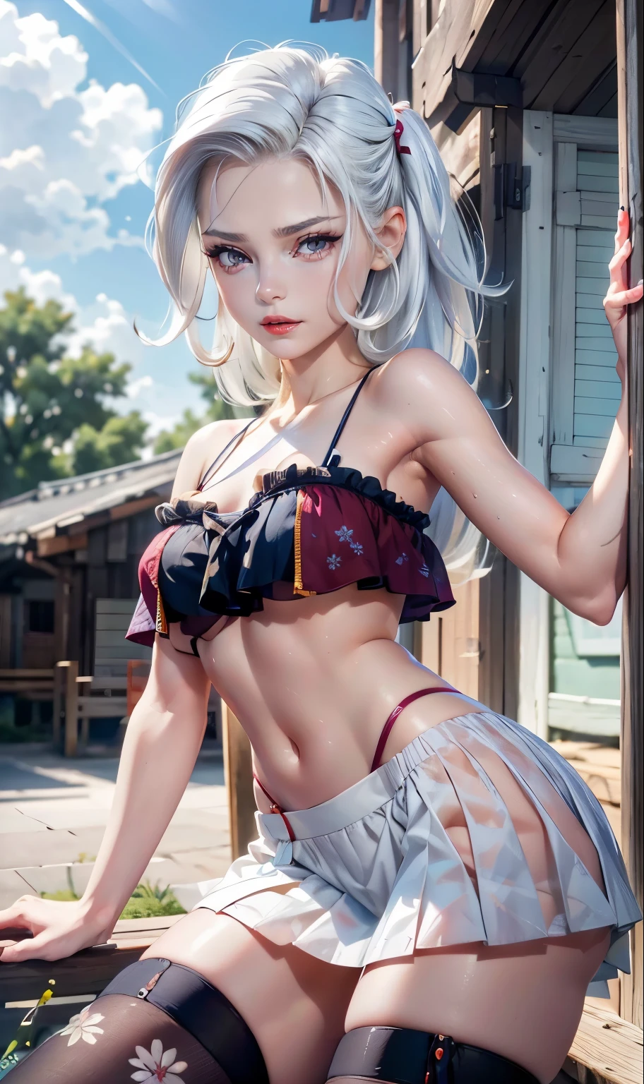 ((Best quality)), ((masterpiece)), (detailed), (perfect face), (very young woman), (((very slim and very skinny body, narrow waist))), small ???????, (((white straight hair))), blushes and smiles, (((clean shaved ?????? and perfect ?????))), (((red vomb-shaped ?????? tattoo))), ((dressed in undersize micro ??????)), (((absolutely transparent white undersize micro bra))), (((absolutely transparent white undersize lowered micro ?????))) ((stands at public crowded beach)), ((small swollen ???????)), ((swollen perfect ?????))