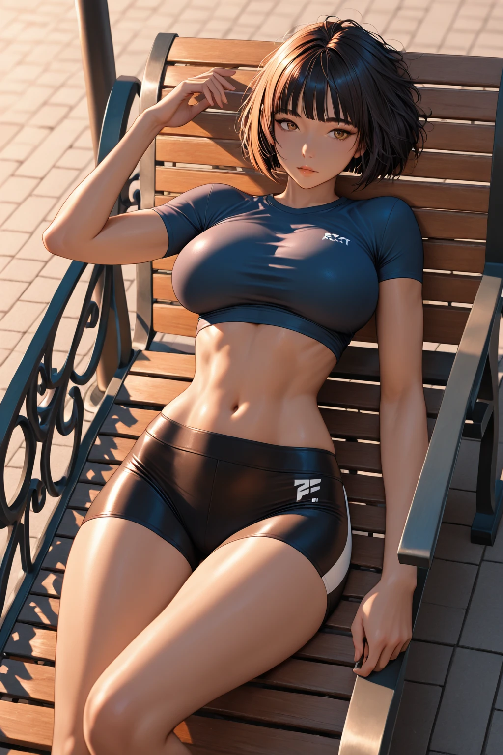 1girll, 独奏, White polo shirt, White sneakers, tennis wear, white mini-skirt, tmasterpiece, Best quality at best, realisticlying, ultra - detailed, (shiny skins, perspired:1.4), absurderes, looking at viewert, with short black hair, with brown eye,slenderness,opening legs，Dynamic light and shadow,A high resolution,Sharp focus,depth of fields,The eyes are delicate,Sharp pupils,pupil realistic,(smallunderboob:1.6),(Thigh thick:1.0),exteriors,Skysky