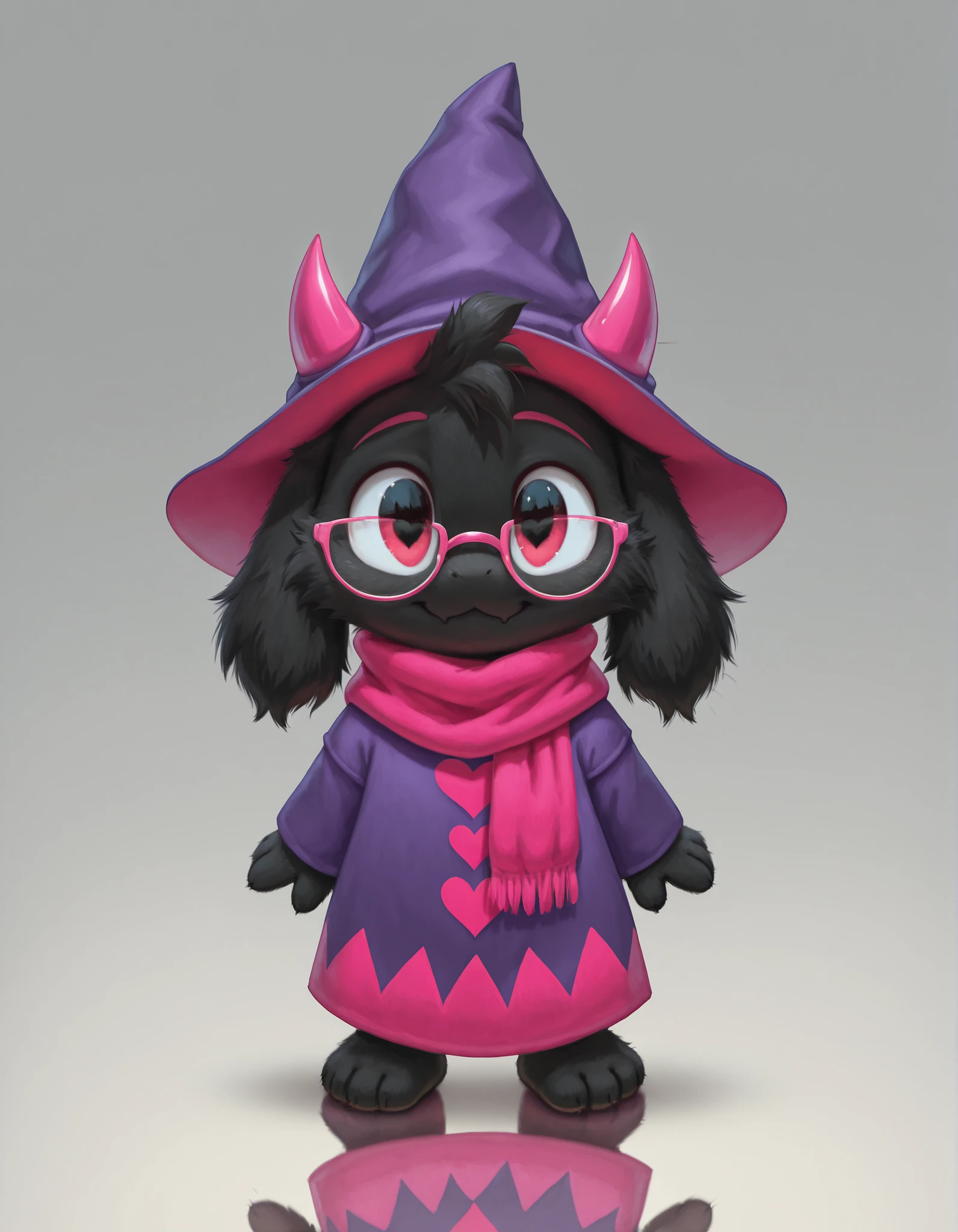 slvrfxstyleil,, silverfox5213, (solo:1.3),
ralsei, ralsei_(deltarune),
bovid, caprine, darkner, goat, digital_media_(artwork), digital_painting_(artwork), full-length_portrait, painting_(artwork), portrait, shaded, soft_shading,
3_toes, anthro, barefoot, biped, black_body, black_fur, clothed, clothing, daww, eye_reflection, eyewear, feet, fluffy, fur, glasses, glistening, glistening_eyes, gradient_background, grey_background, hat, headgear, headwear, heart_clothing, heart_print, heart_robe, heart_symbol, looking_at_viewer, male, print_clothing, print_robe, reflection, robe, scarf, simple_background, smile, solo, standing, toes, whiskers, young, young_anthro,