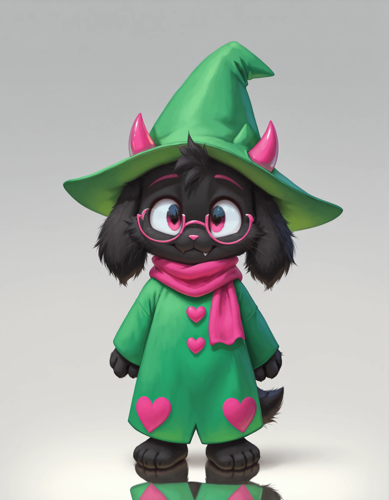 slvrfxstyleil,, silverfox5213, (solo:1.3),
ralsei, ralsei_(deltarune),
bovid, caprine, darkner, goat, digital_media_(artwork), digital_painting_(artwork), full-length_portrait, painting_(artwork), portrait, shaded, soft_shading,
3_toes, anthro, barefoot, biped, black_body, black_fur, clothed, clothing, daww, eye_reflection, eyewear, feet, fluffy, fur, glasses, glistening, glistening_eyes, gradient_background, grey_background, hat, headgear, headwear, heart_clothing, heart_print, heart_robe, heart_symbol, looking_at_viewer, male, print_clothing, print_robe, reflection, robe, scarf, simple_background, smile, solo, standing, toes, whiskers, young, young_anthro,