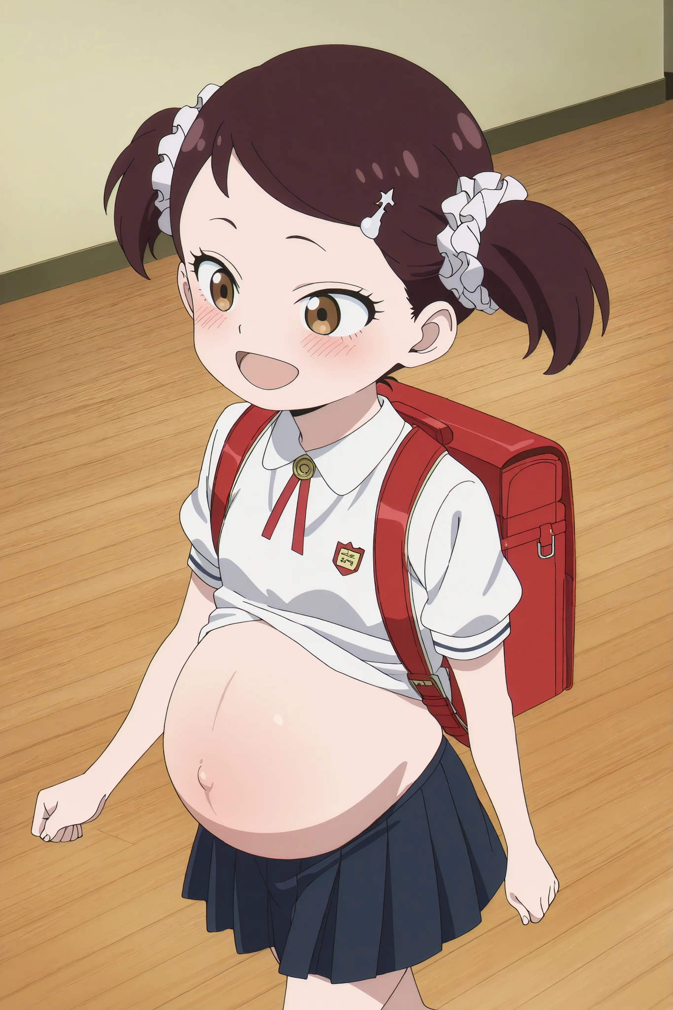 newest, anime coloring, anime screencap, Becky Blackbell, anime school uniform, walking, small , flat , school, solo, 1girl, character alone, red backpack, pregnant, blush, looking aside, , happy, laughting, round stomach, round belly, white blouse, blue skirt, small belly, [small-medium pregnant belly]