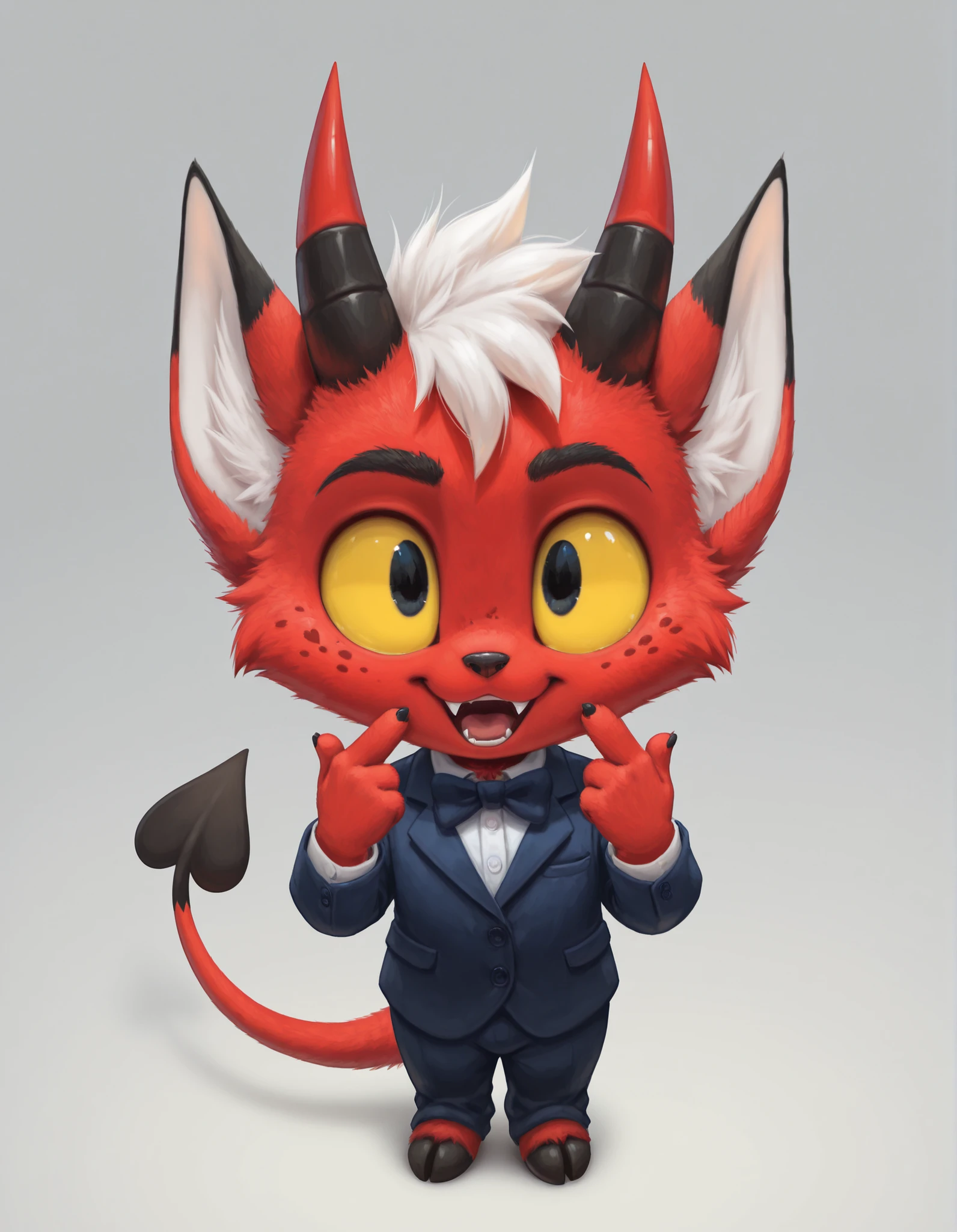 slvrfxstyleil,, silverfox5213, (solo:1.3),
moxxie_(helluva_boss),
demon, humanoid, imp,
digital_media_(artwork), digital_painting_(artwork), painting_(artwork),
aged_down, black_body, black_eyes, bow_(feature), bow_in_front, bow_tie, chibi, child, clothing, cloven_hooves, daww, fangs, freckles, gesture, grey_background, hair, hand_gesture, hooves, horn, looking_at_viewer, male, pointing, pointing_at_self, red_body, simple_background, solo, spade_tail, striped_horn, stripes, suit, tail, teeth, white_hair, yellow_eyes, yellow_sclera, young, young_humanoid, young_male,