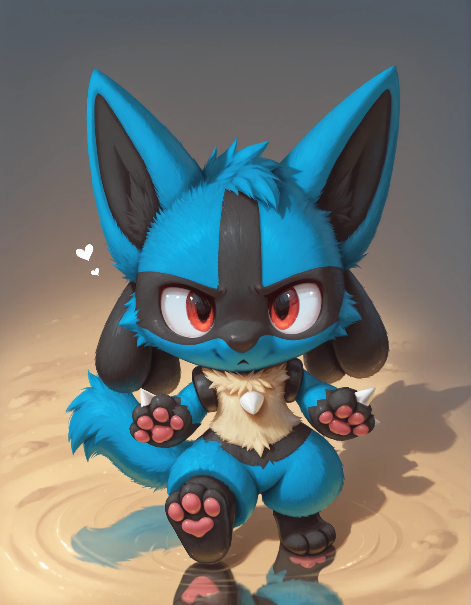 slvrfxstyleil,, silverfox5213, (solo:1.3),
canid, canine, generation_4_pokemon, lucario,
digital_media_(artwork), digital_painting_(artwork), painting_(artwork),
3_toes, ambiguous_gender, anthro, blue_body, blue_fur, chibi, daww, detailed_background, eye_reflection, feet, fur, glistening, glistening_eyes, heart_pawpads, heart_symbol, outside, pawpads, paws, pink_pawpads, red_eyes, reflection, semi-anthro, solo, tail, toes,