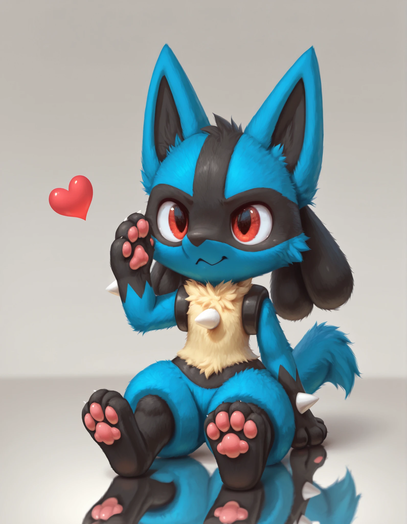 slvrfxstyleil,, silverfox5213, (solo:1.3),
canid, canine, generation_4_pokemon, lucario,
digital_media_(artwork), digital_painting_(artwork), painting_(artwork),
3_toes, ambiguous_gender, anthro, blue_body, blue_fur, chibi, daww, detailed_background, eye_reflection, feet, fur, glistening, glistening_eyes, heart_pawpads, heart_symbol, outside, pawpads, paws, pink_pawpads, red_eyes, reflection, semi-anthro, solo, tail, toes,