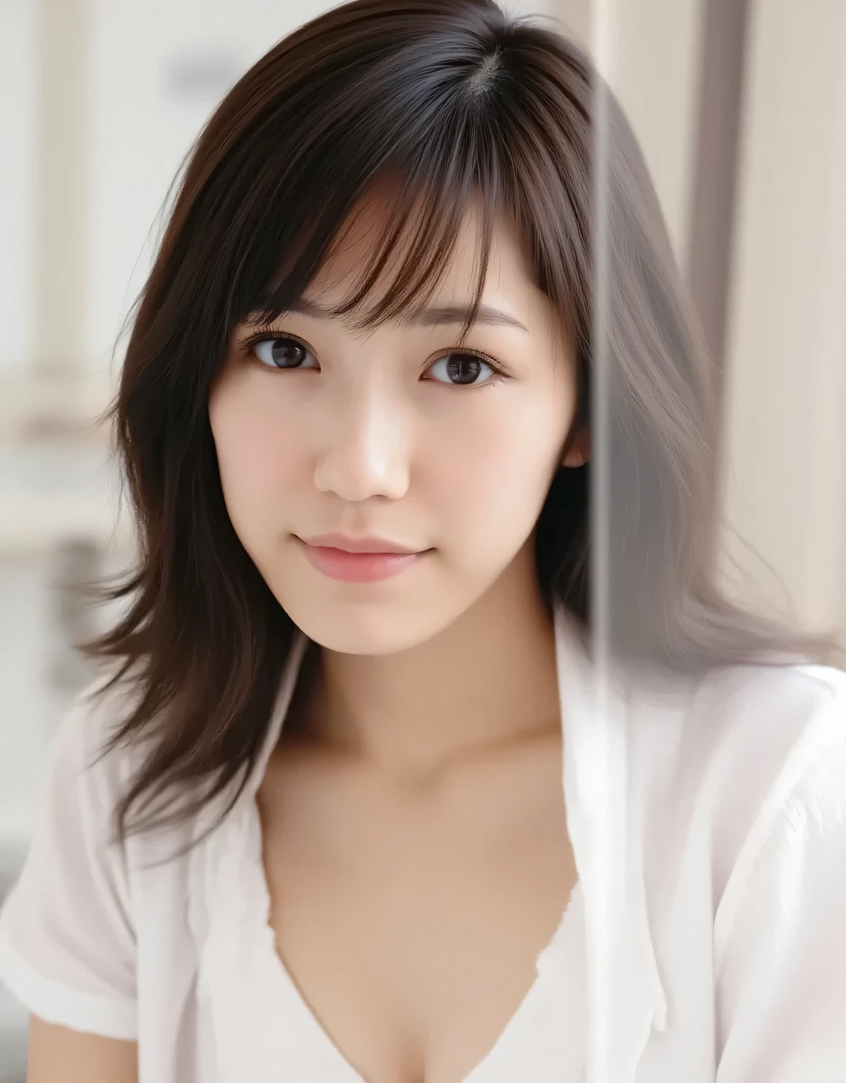Raw photo, Real, ((Staring)), ((Focus on face)), ((Close-up)), Front view, Japanese woman, ((Medium hair, dark brown hair, straight hair)), Off-the-shoulder, Beautiful collarbone, Unedited, Live-action, Authentic, Cute young girl, Beautifully reflective eyes, Beautifully detailed lips, Very delicate eyes and face, Long eyelashes, Subtle smile, Simple white background, Natural light, (()), Looking towards the camera,