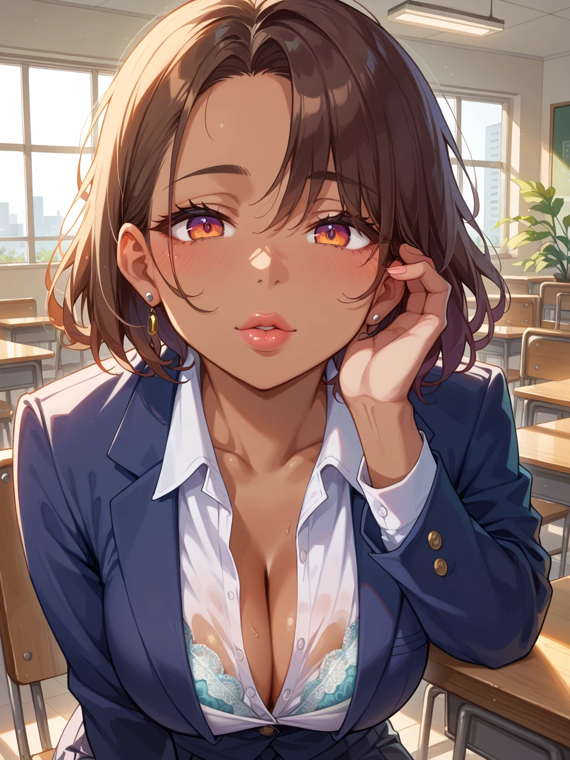 ((Tabletop, Highest quality, High resolution, Hmph, Pixel perfect, 4K, Hmph, Hmph))), One Girl, single, alone, Beauty、The whole body is visible、 ((Short Wavy Hair, bangs, Brown Hair)), ((Brown eyes, Beautiful eyelashes, Realistic eyes)), ((Detailed face, Blushing:1.2)), ((Smooth texture:0.75, Realistic texture:0.65, Realistic:1.1, Anime CG Style)), Medium , Dynamic Angle, Perfect body, ((White shirt,  Unbuttoned shirt、I'm not wearing shoes、White Sox)), An empty classroom、Sit at a desk、Lower'I took my feet off the desk.........................................................、evening、、、Very embarrassing panic smile、(Spread your legs、Knees wide open、Floral lace panties)、、(Pink lace bra)、Angle from below
