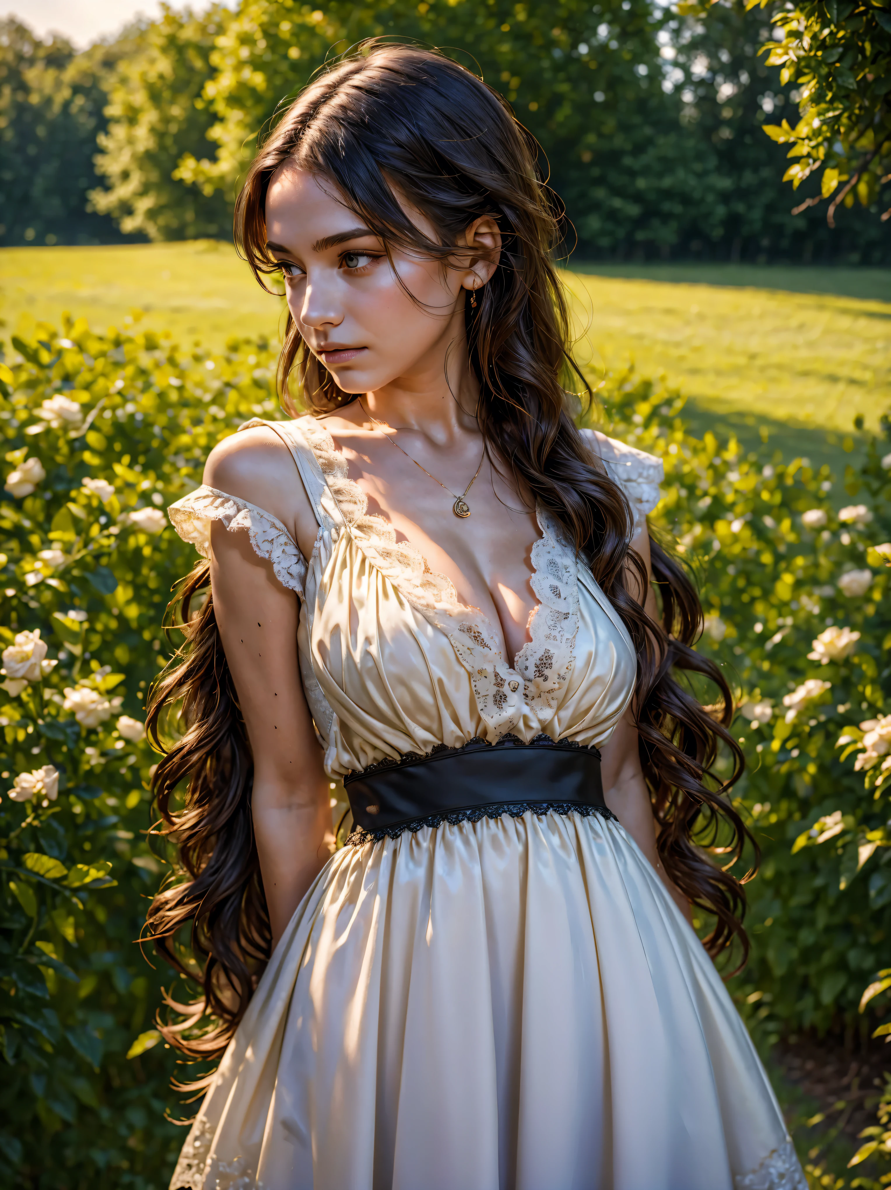 (masterpiece:1.2, best quality, high quality, best detail, photorealistic:1.2, award winning, 4k, 8k), 1girl, young, lace apron, facing viewer, detailed facial features, medium shot, arms at sides, oil painting style, victorian style, soft lighting, intricate details, realistic body proportions, fine detail, (((depth of field)))