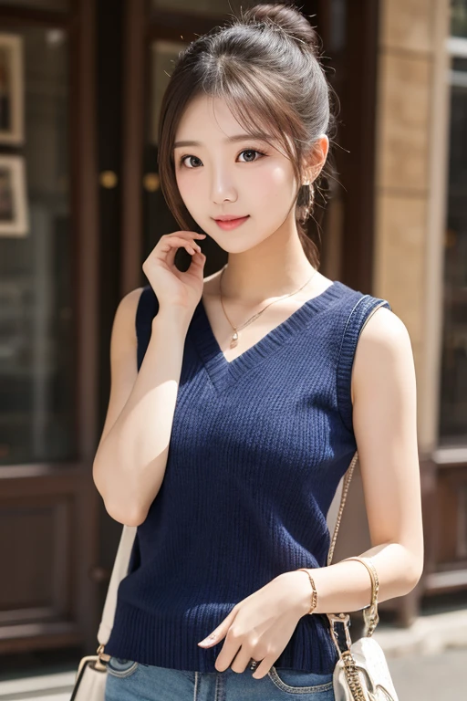 Highest quality, shape, Very detailed, finely, High resolution, 8k wallpaper, 完璧なダイナミックな構shape, Beautiful and detailed, Straight hair, Small breasts, Natural color lip, Random sexy poses,The best smile,30 year old adult beauty、Daytime、Beautiful and elaborate face、Perfect and beautiful face,Big eyes、RAW Photos、Expressing feminine poses with the whole body、Beautiful and detailed、Small face、Beautiful Duplex、Slim face and figure,Bright expression,Shooting with a focus on beautiful legs,White summer knitwear、Surf Casual、Summer clothes、Indonesia、Bali、coastal、Beach