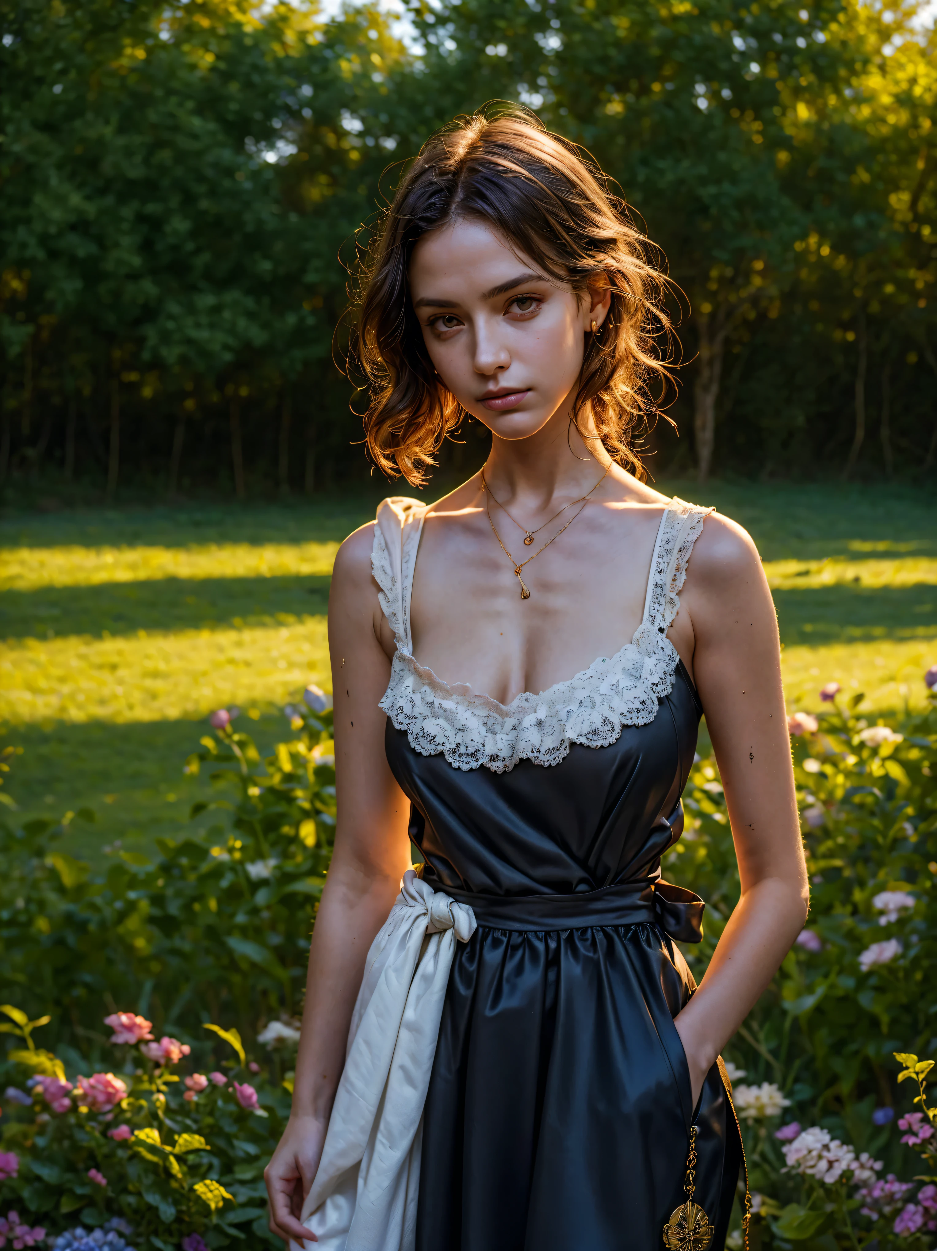 (masterpiece:1.2, best quality, high quality, best detail, photorealistic:1.2, award winning, 4k, 8k), 1girl, young, lace apron, facing viewer, detailed facial features, medium shot, arms at sides, oil painting style, victorian style, soft lighting, intricate details, realistic body proportions, fine detail, (((depth of field)))