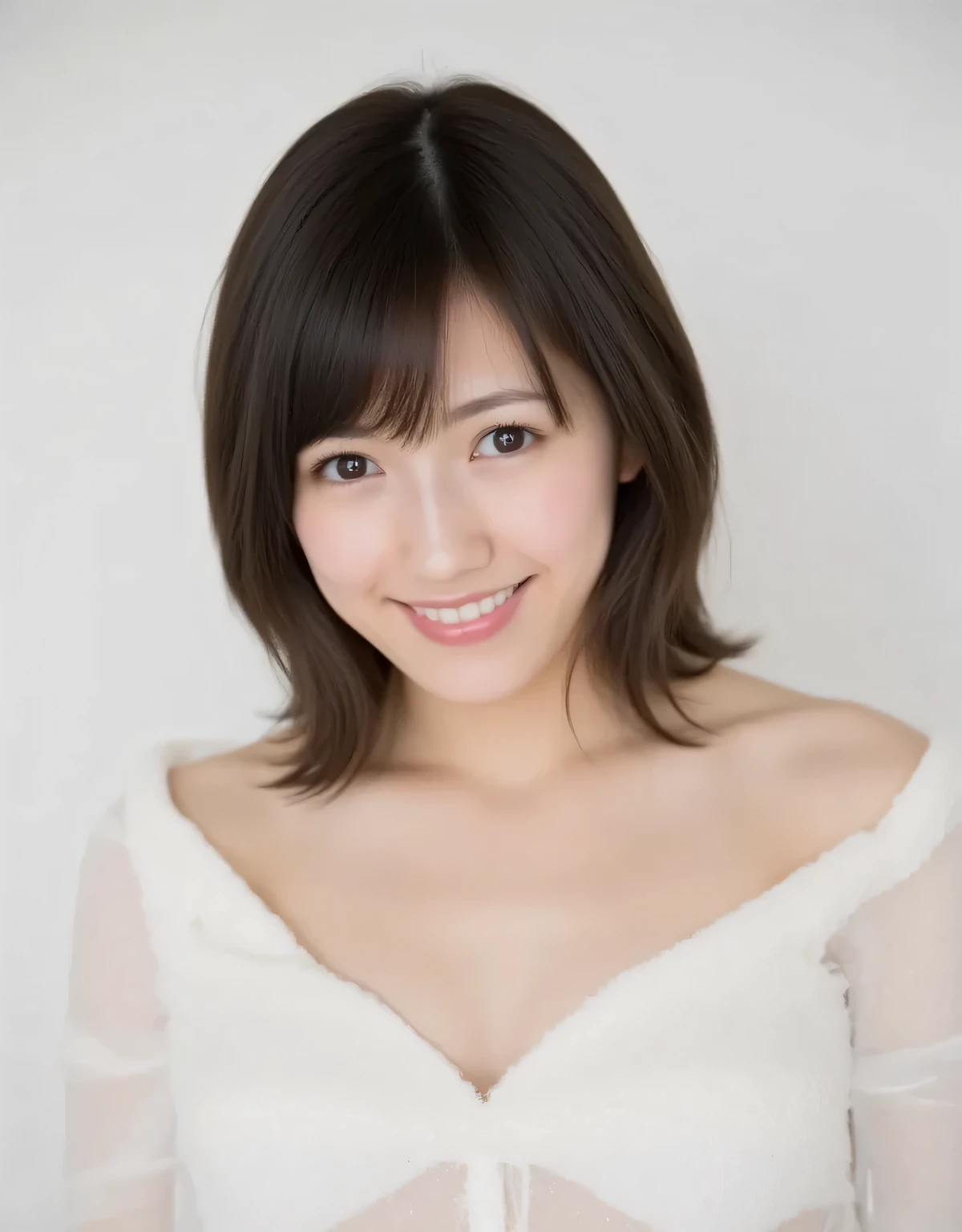 Raw photo, Real, ((Staring)), ((Focus on face)), ((Close-up)), Front view, Japanese woman, ((Medium hair, dark brown hair, straight hair)), Off-the-shoulder, Beautiful collarbone, Unedited, Live-action, Authentic, Cute young girl, Beautifully reflective eyes, Beautifully detailed lips, Very delicate eyes and face, Long eyelashes, Subtle smile, Simple white background, Natural light, (()), Looking towards the camera,