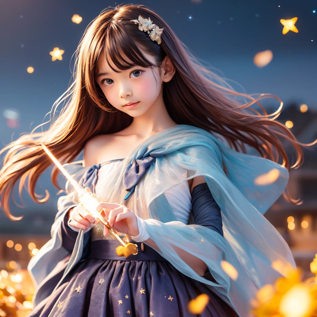 28 year old female。beautiful、City of night、Looking up at the stars in the sky、Serious face、Composition from below、Tons of stars、Place your hand on your 、Fluttering skirt、A small pair of white is slightly visible