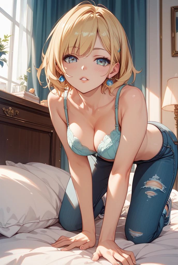score_9, score_8_up, score_7_up, best quality, intricate details, 1girl,
 <lora:King_aof_v05:1> king aof, blue eyes, short hair, blonde hair, 
bra, panties, embarrassed, bedroom,