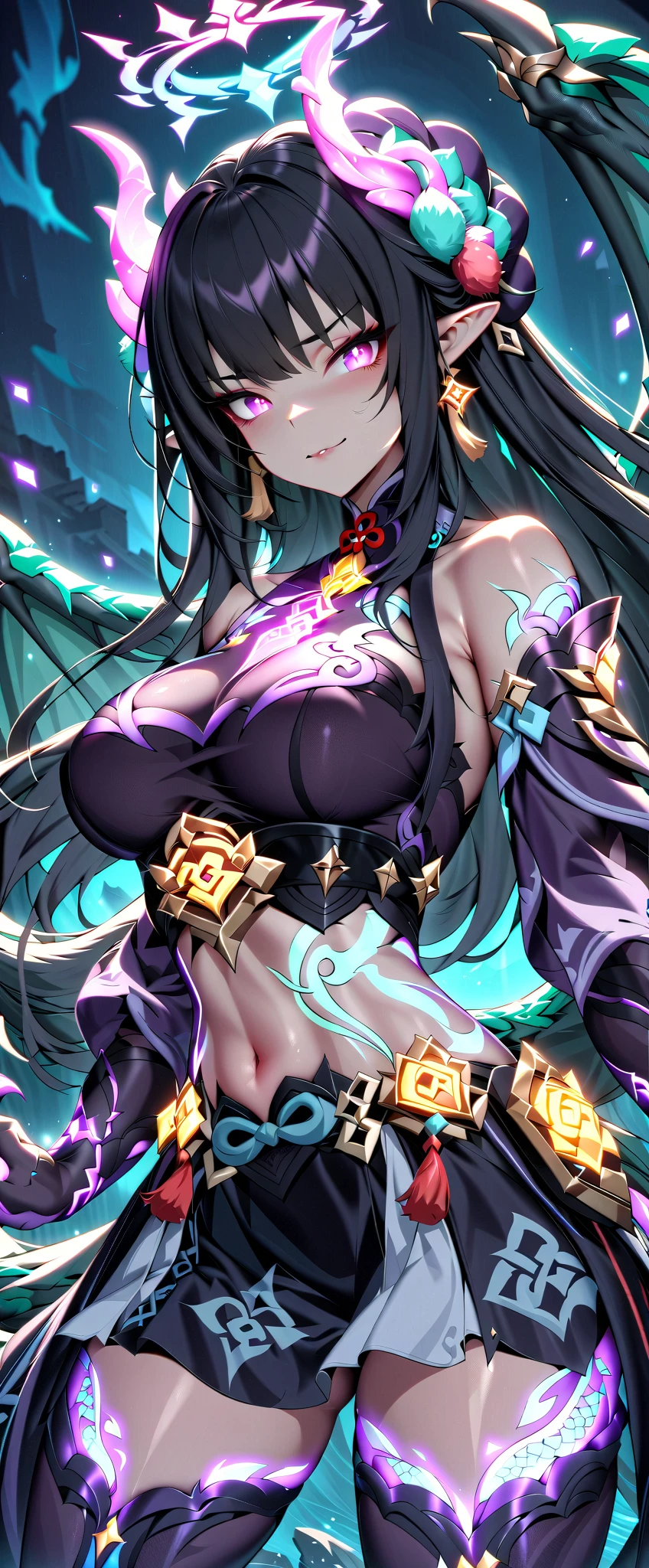(((outstretched arms, outstretched hand, outstretched fingers))), perfect female hands and fingers, black hair, ???? shoulder, red eyes, very long hair, cleavage, ?????????????, dress, showgirl skirt, high-leg, cleavage cutout, tiara, ???? thighs, gauntlets, ???? shoulder, ???? nails, ???? fingers, ???? hands, good hands, best hands, Correctly aligned fingers, extremely detailed hands and fingers, ultra detailed hands and fingers, super detailed hands and fingers, biologically accurate hands and fingers, (((4 fingers and 1thumb accurate hands and fingers))), beautiful hands and fingers, hands and fingers drawing, human hand and fingers, perfect arrangement of fingers, detail focus hands, perfection hands, better hands, adult face, fearless face, (((both arms, two arms, both hands, two hands))), super fine illustration, masterpiece, masterwork, by famous artist, official art, ultra high res, best quality, high quality, Hand, detailed, perfect, perfection , hands, both hands is Thumb and index finger and middle finger and ring finger and little finger, symmetrical hands, even hands, panties, thighhighs, symmetrical bangs, gleaming skin, oil skin, shiny skin, wet skin, sweat, rouge, exquisite, beautiful,cg unity 8k wall paper, perfect face, ultra detailed beautiful face, perfect nose, perfect mouth, clear eyes, light eyes, perfect eyes, symmetrical eyes, even eyes, 16k, absurdres, perfect body, perfect ???????, perfect proportion, perfect arms, perfect torso, fair skin, 