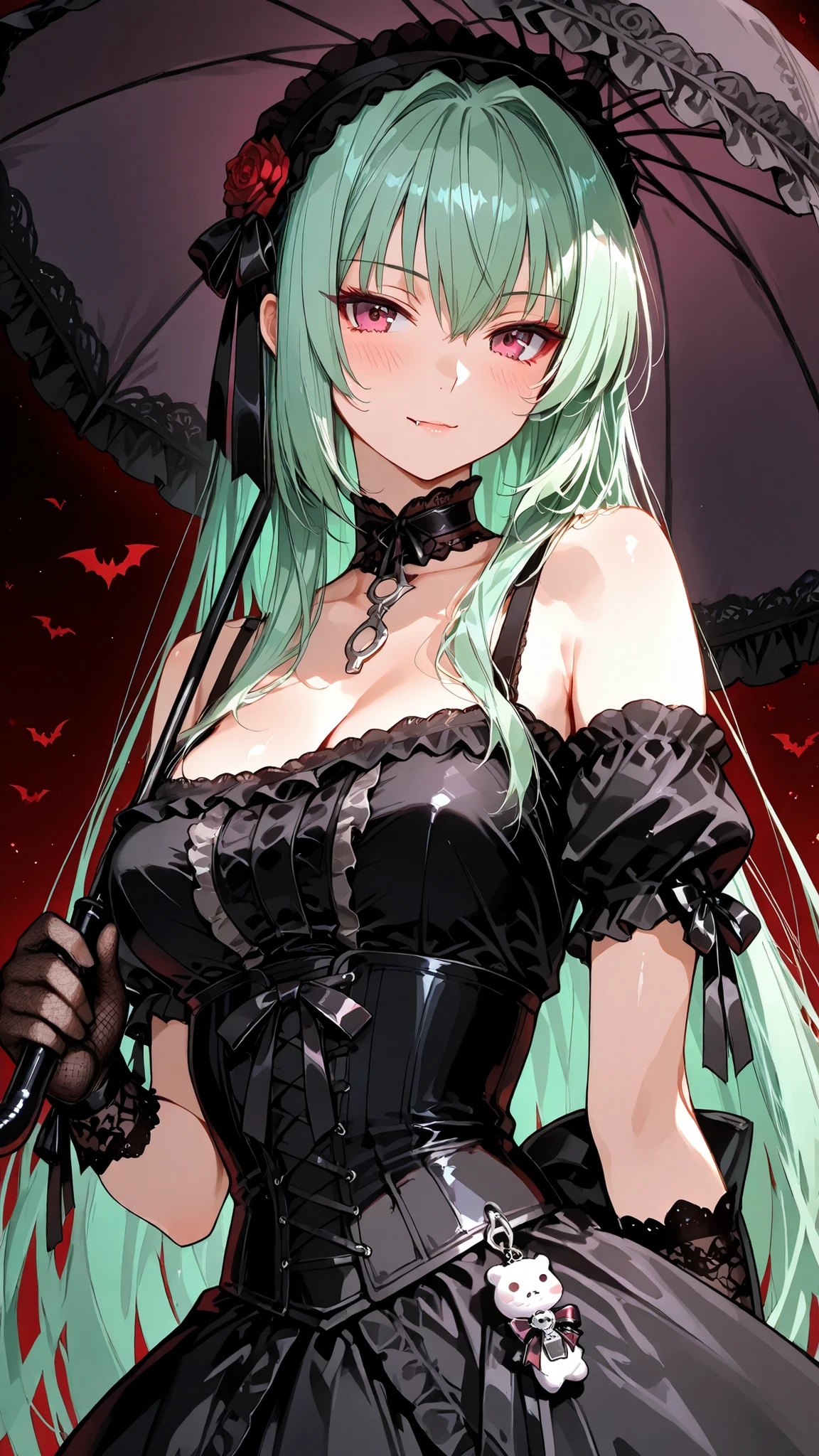 solo, kanzaki_saya,  long hair, green hair, mature woman, Tight waist、Small waist、shiny Skin ,  (upper body), sexy, score_9, score_8_up, score_7_up, source_anime,(extremely detailed CG), (best quality) , sexy, A cute vampire cosplay outfit inspired by Gothic Lolita fashion: Design an elegant, dark, and whimsical ensemble featuring a finely detailed lace dress with ruffled layers and a fitted corset. Incorporate Gothic elements such as intricate ribbon ties, delicate bat-themed accents, and a high collar with a subtle lace overlay. The color palette should emphasize deep blacks with accents of rich red, creating a mysterious yet adorable aura. Accessorize with a matching choker, lace gloves, and a small, ornate parasol for an extra touch of Victorian gothic charm,zettairyouiki, blush, shoulders cutout